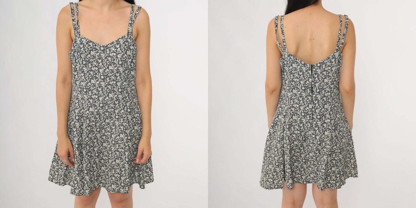 90s Navy Floral Mini Sundress Double Strap Sweetheart Neckline Small S