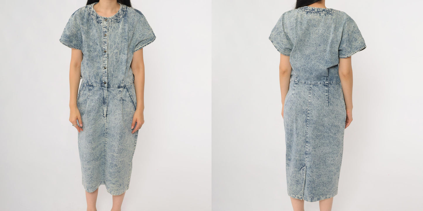 90s Acid Wash Denim Midi Dress Button Front Utility Pockets Cotton Large L