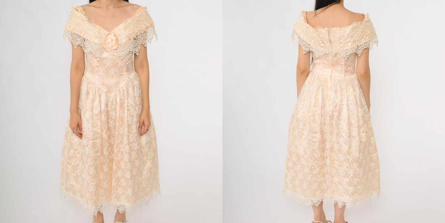 80s Scott McClintock Peach Lace Evening Gown Off-Shoulder Midi Small