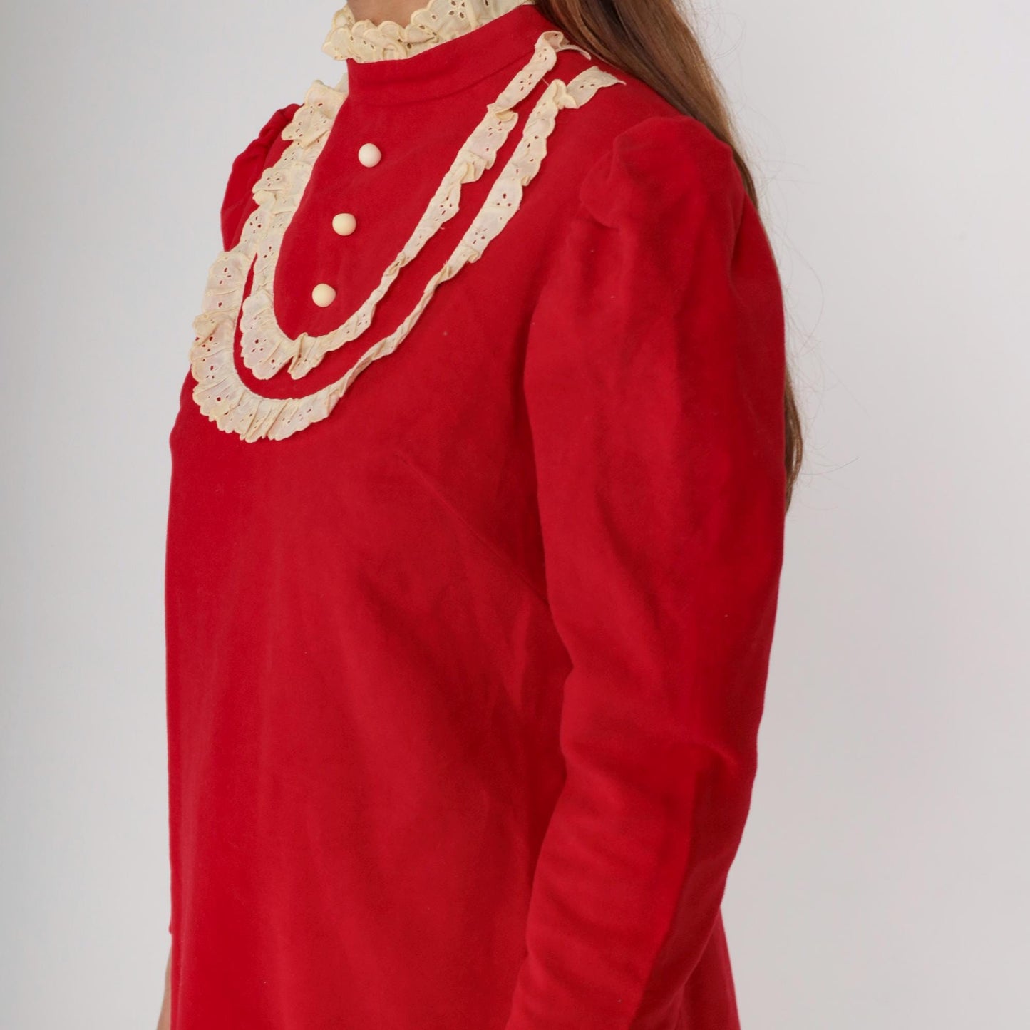 1960s Red Velour Mini Dress Eyelet Lace Puff Sleeve Small