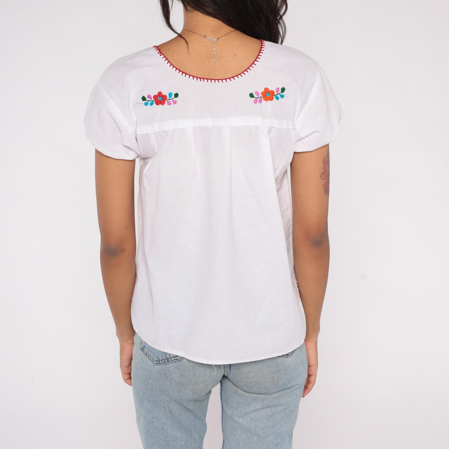 90s Mexican Embroidered White Cotton Blouse Floral Puff Sleeve Small