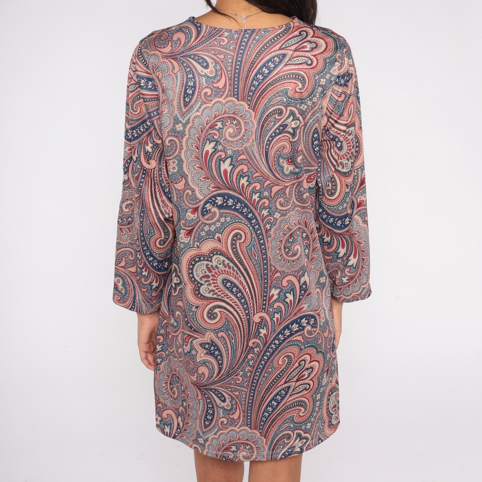80s Paisley Mini Dress Blue Pink V-Neck Long Sleeve Zip Shift Large L
