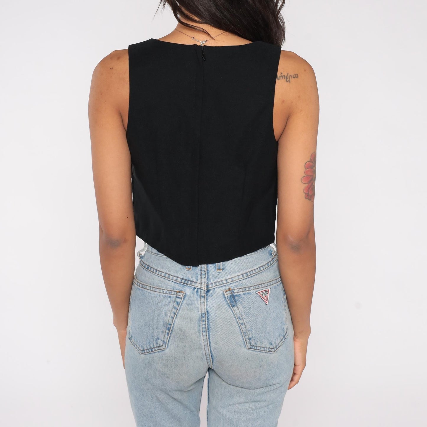90s XOXO Black Jacquard Crop Top Square Neck Sleeveless Medium M