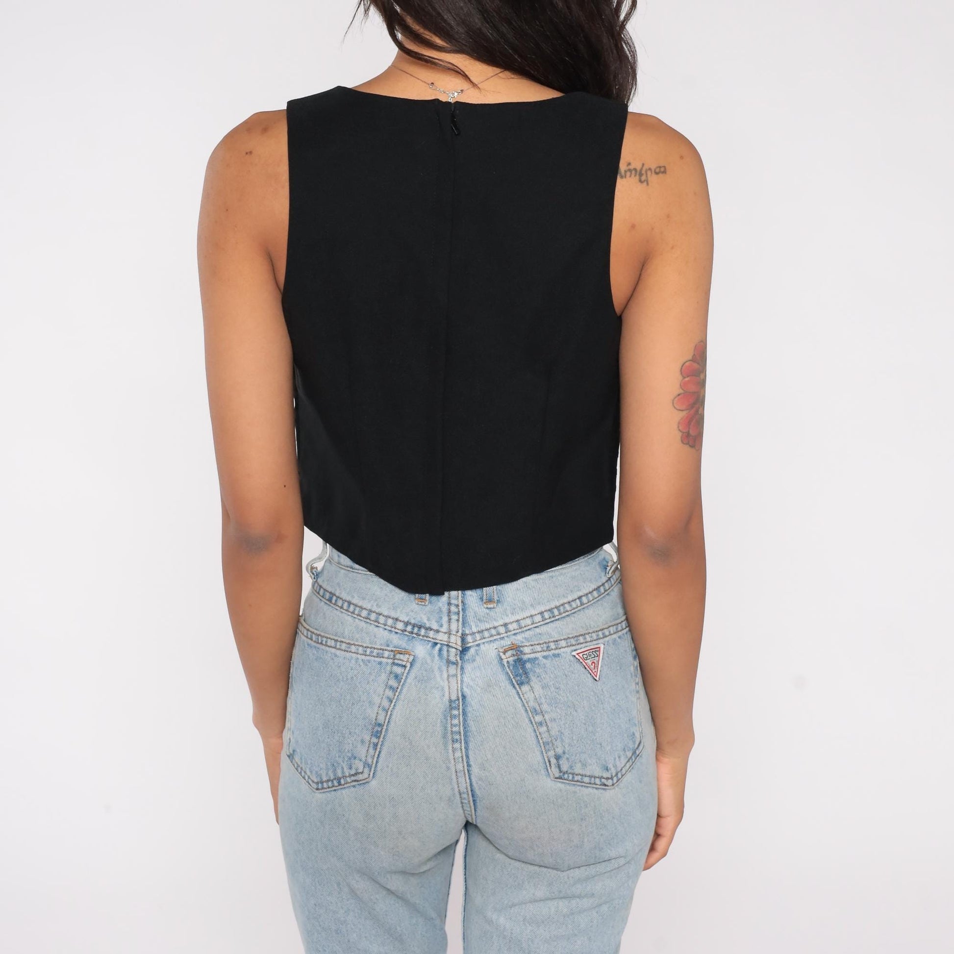 90s XOXO Black Jacquard Crop Top Square Neck Sleeveless Medium M