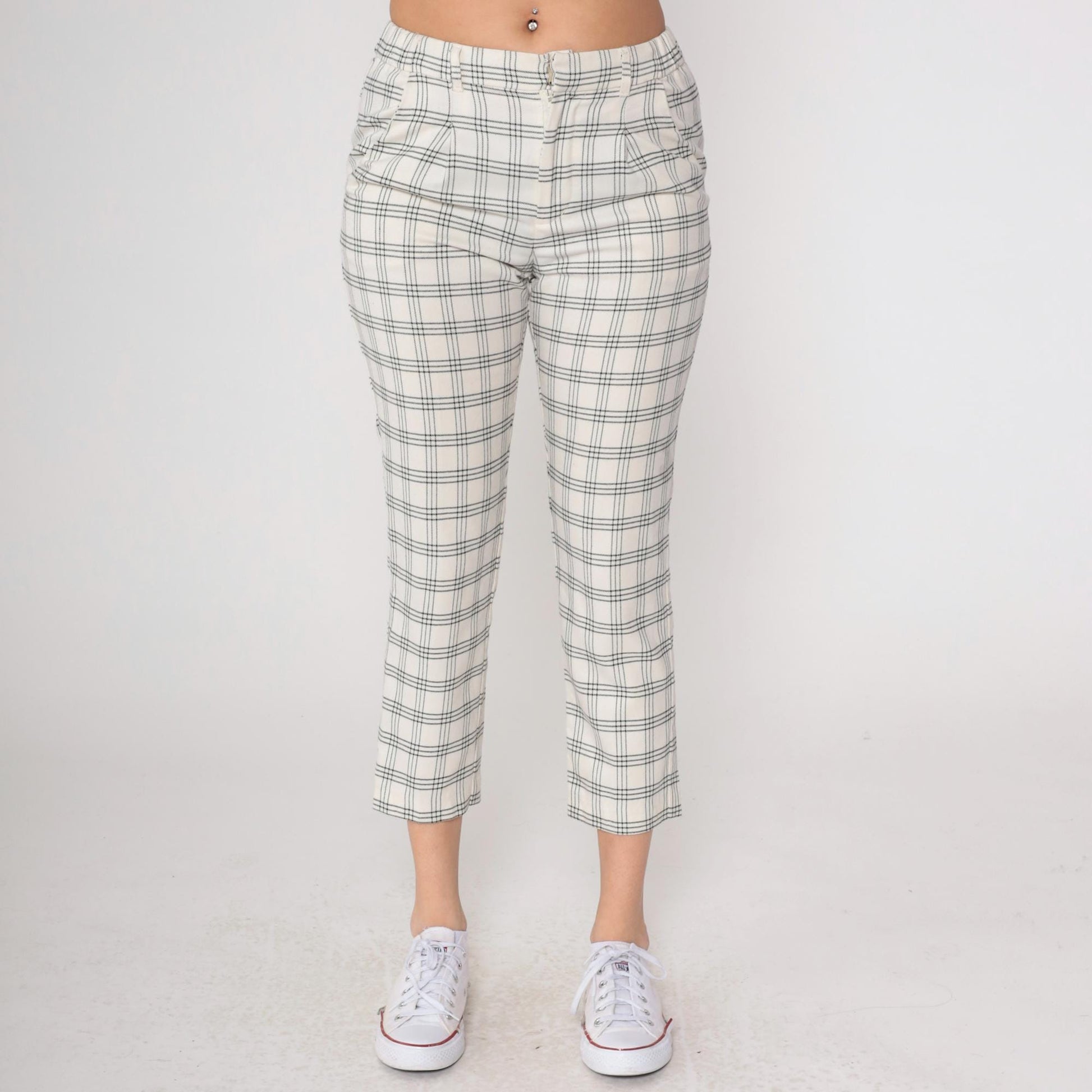 Y2K High Waist Grid Check Trousers Black White Plaid Ankle Crop Medium