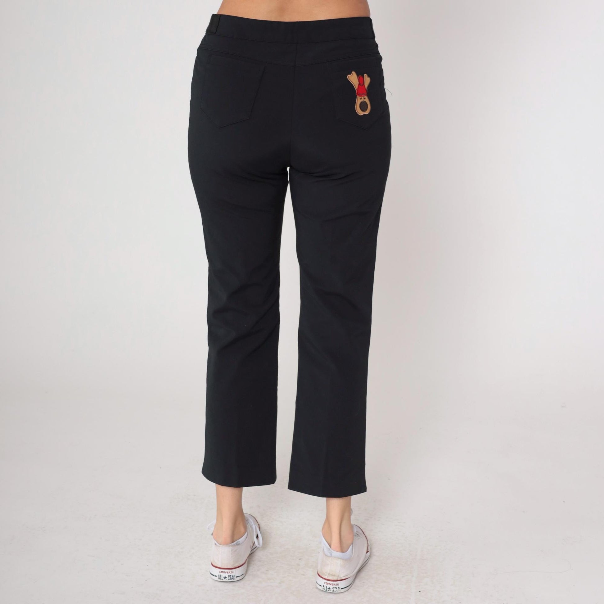 Y2K Black Cropped Trousers Reindeer Patch High Waist Straight Leg Medium M