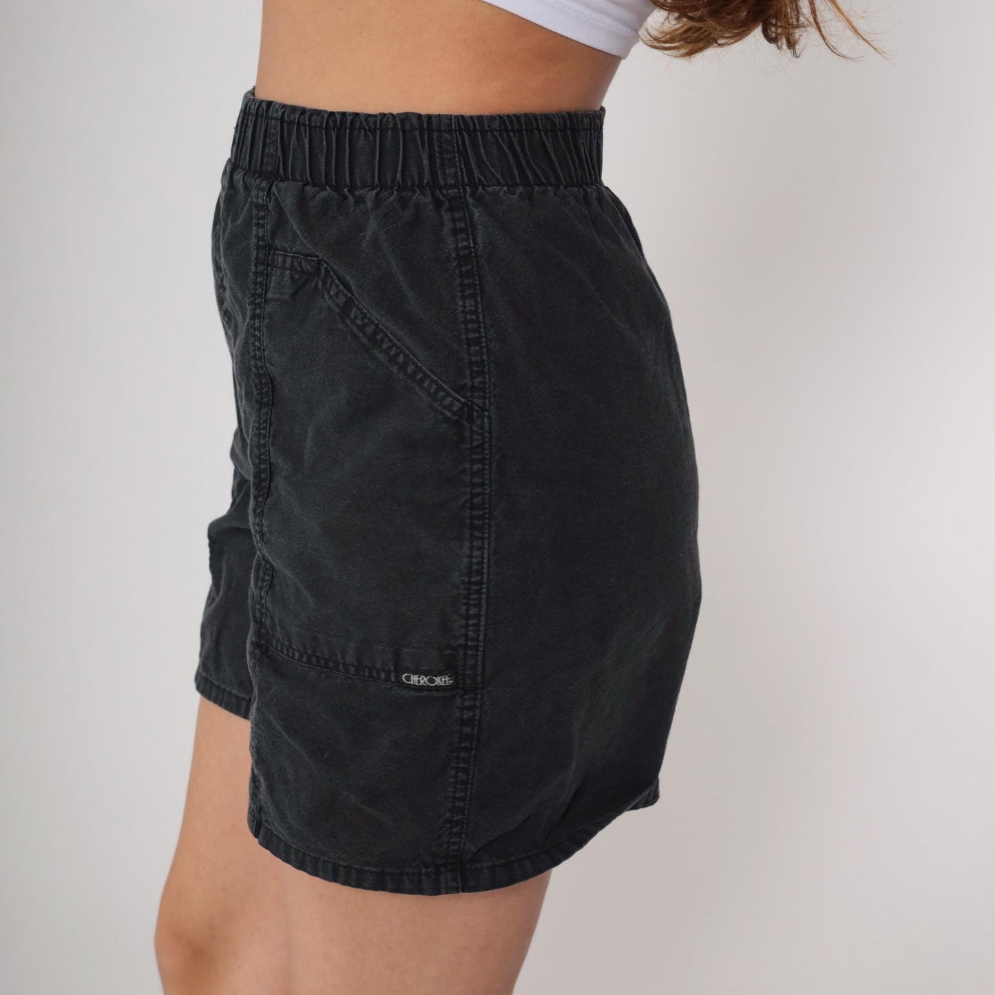 90s Cherokee Black Cotton Utility Shorts Elastic Waist Small