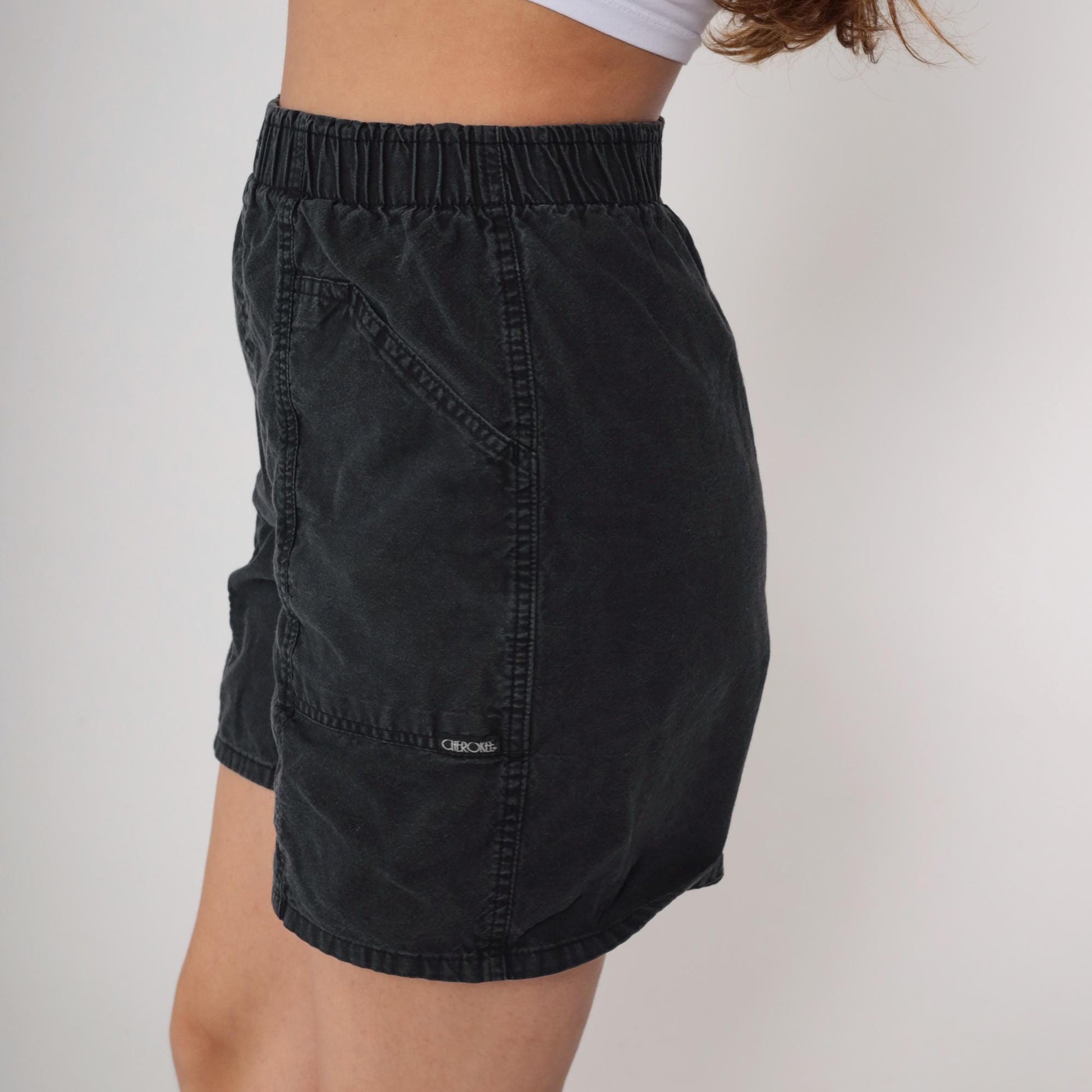90s Cherokee Black Cotton Utility Shorts Elastic Waist Small