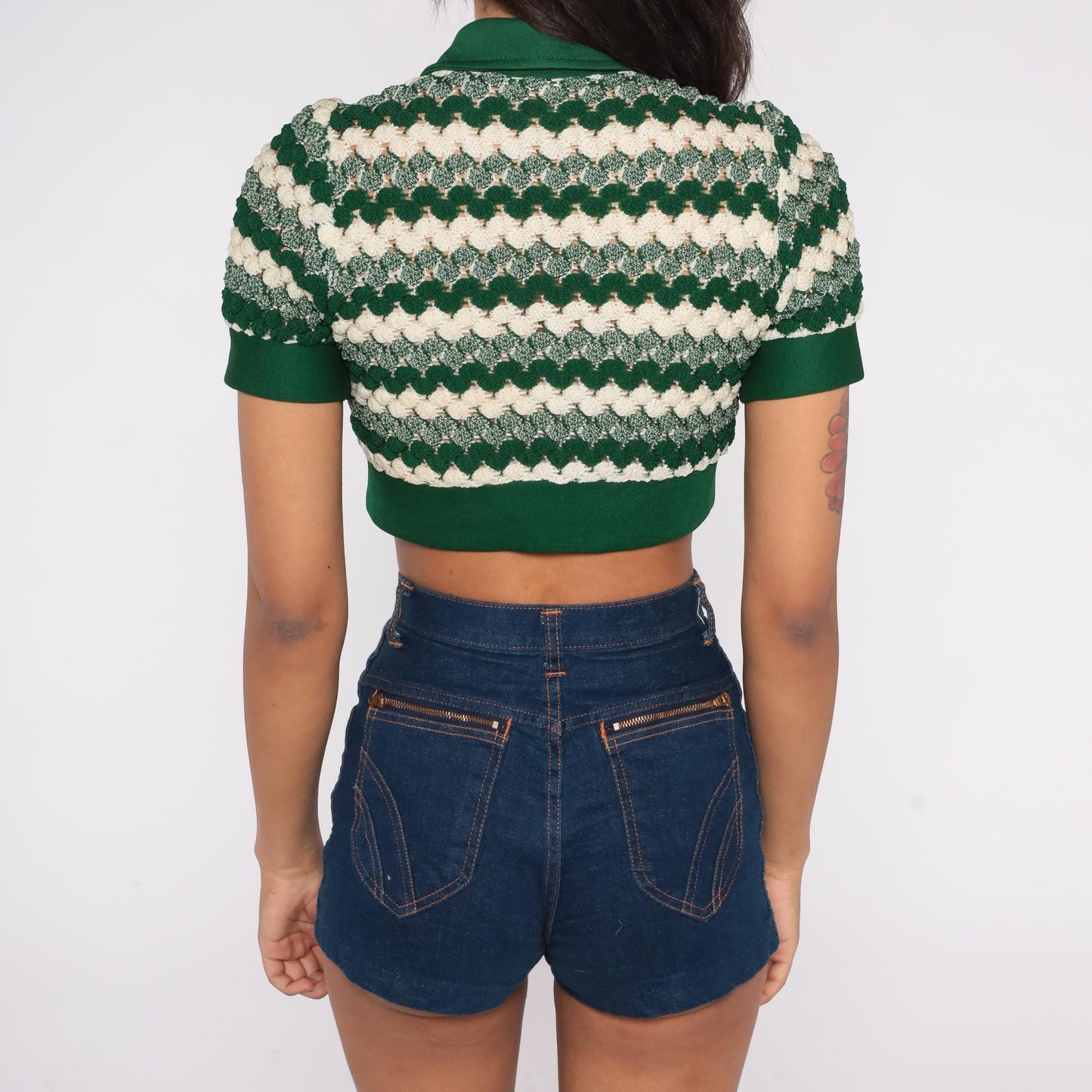 70s Emerald Green Chevron Knit Crop Cardigan Button Front Short Sleeve XS