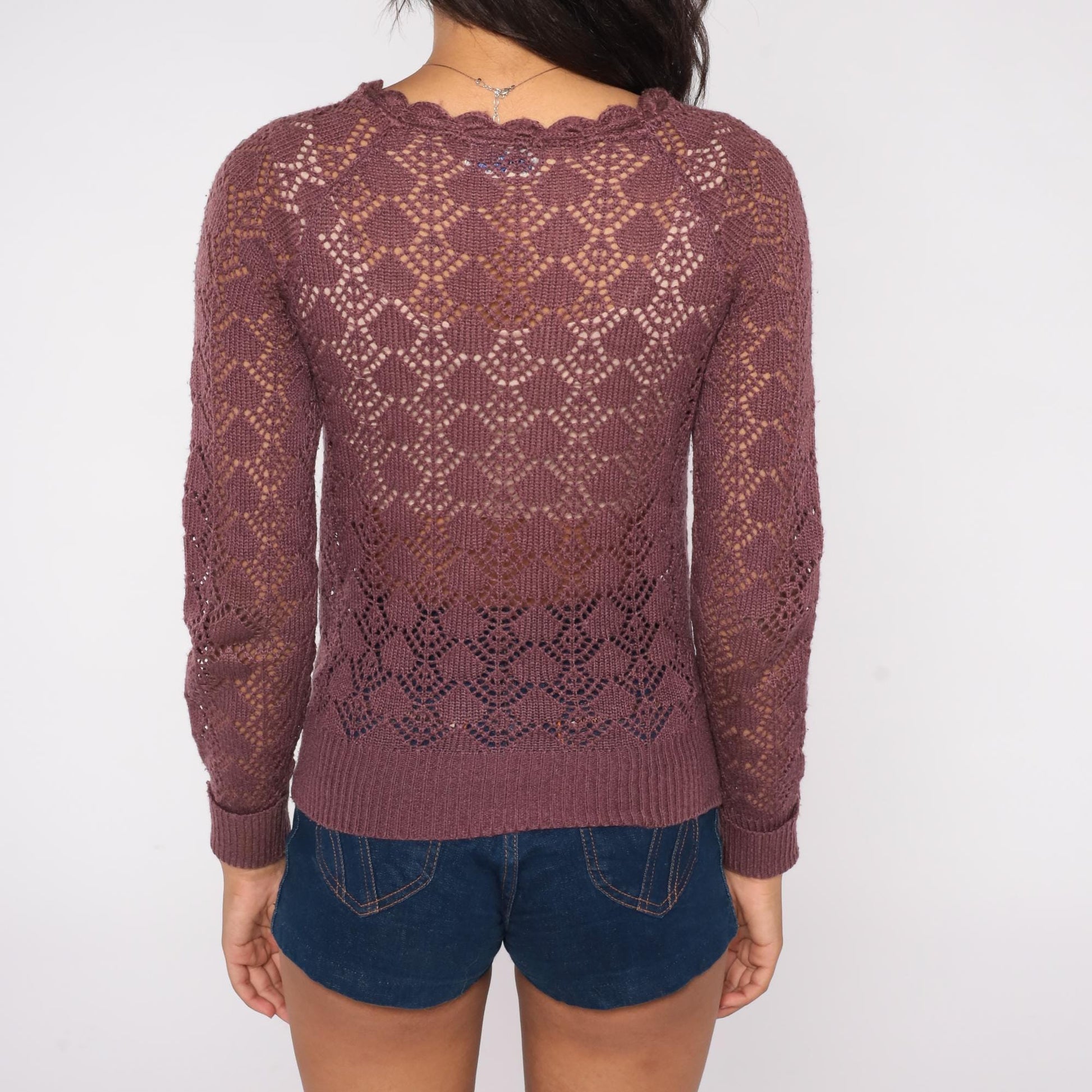 80s Purple Mauve Open Knit Crochet Pullover Scalloped Neckline Small S