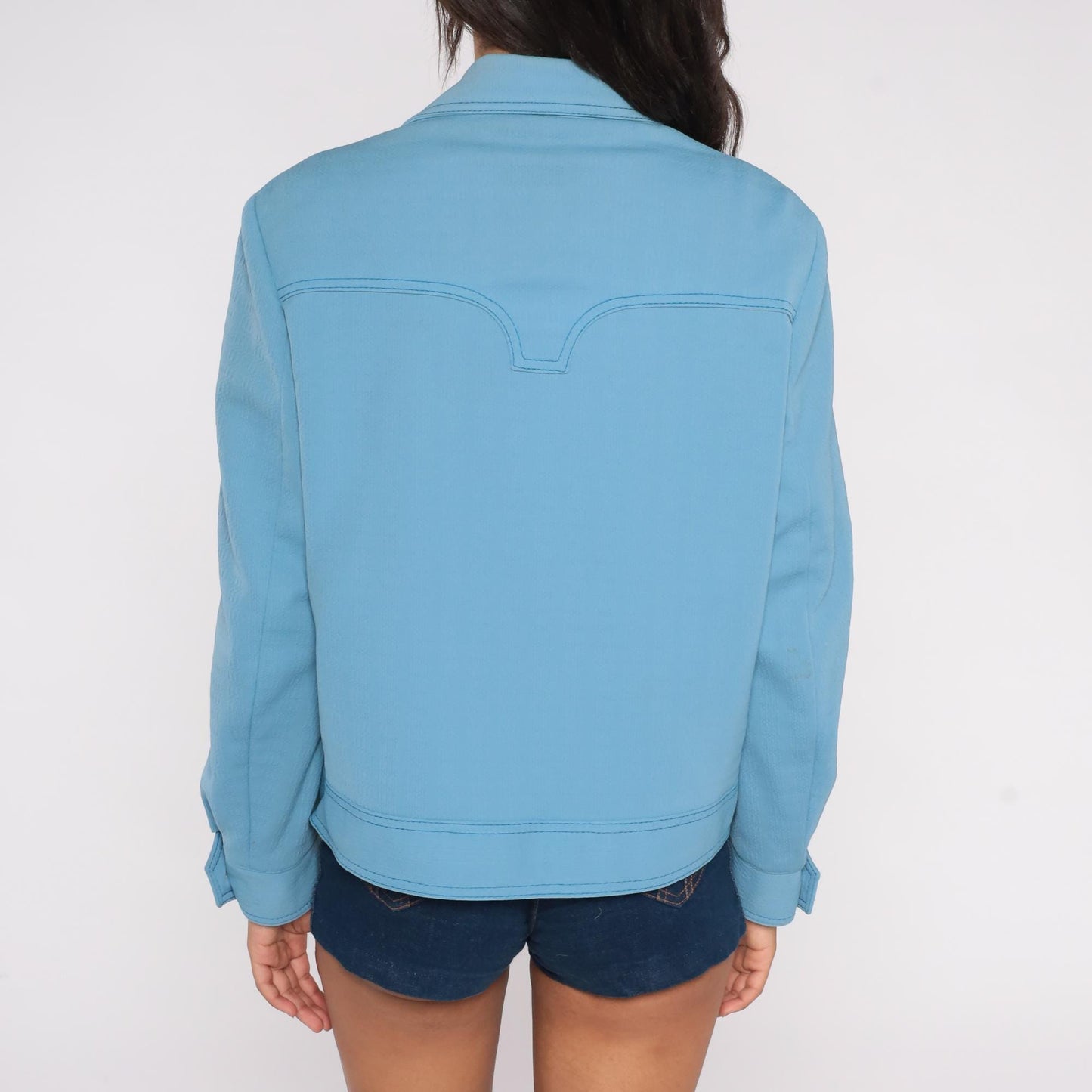 70s Light Blue Western Jacket Scalloped Yoke Stitch Detail Medium