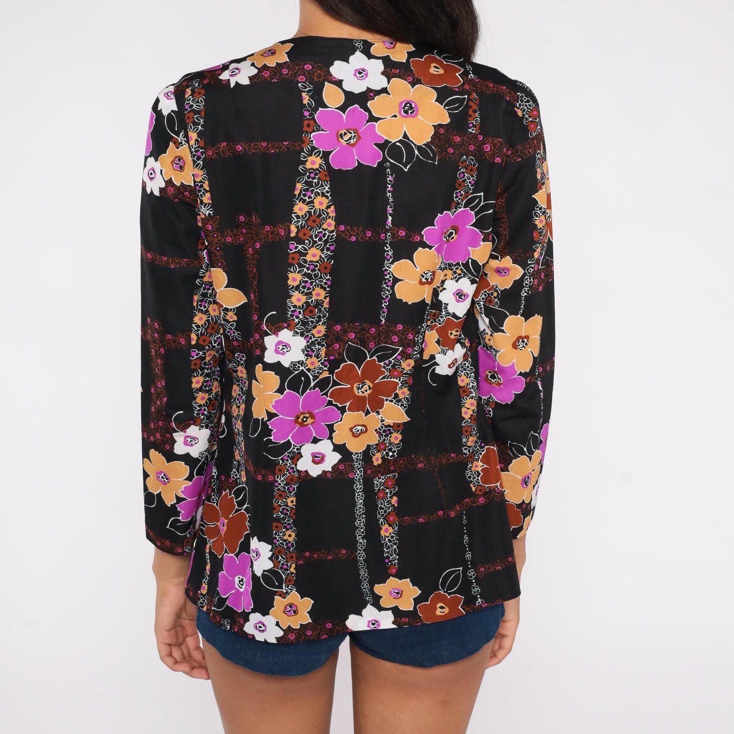 70s Floral Blazer Black Pink Orange Brown Flowers Open Front Small