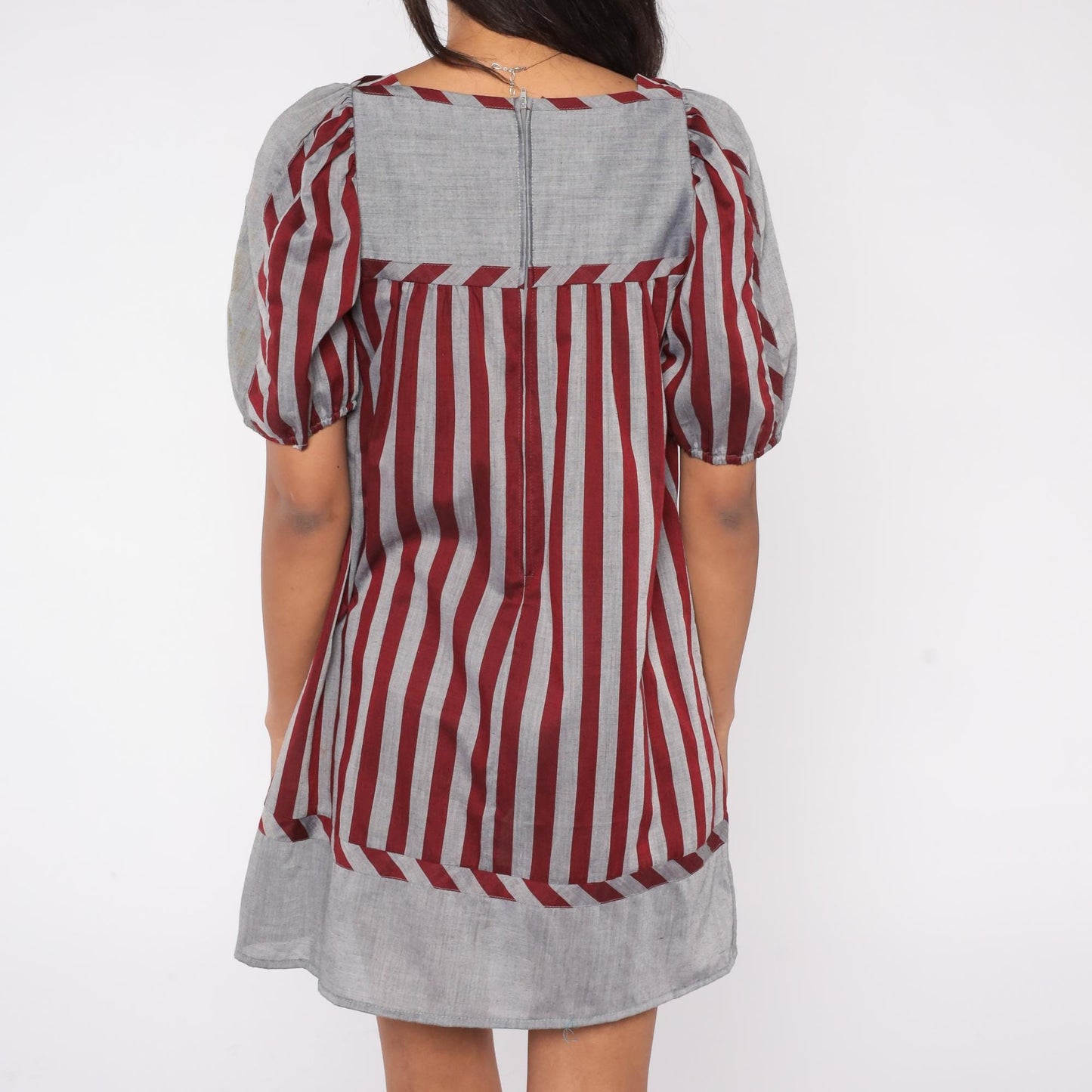 80s Mako Hawaii Striped Mini Dress Puff Sleeve Square Neck Red Grey Small