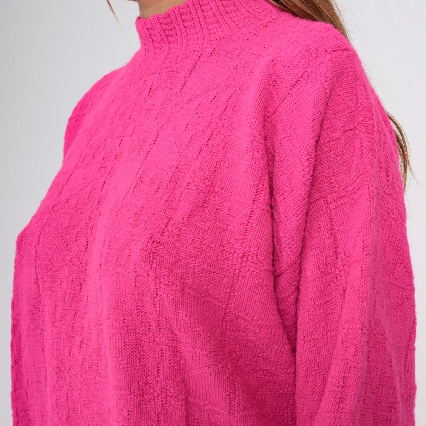 90s Hot Pink Mock Neck Sweater Textured Geometric Knit Medium M