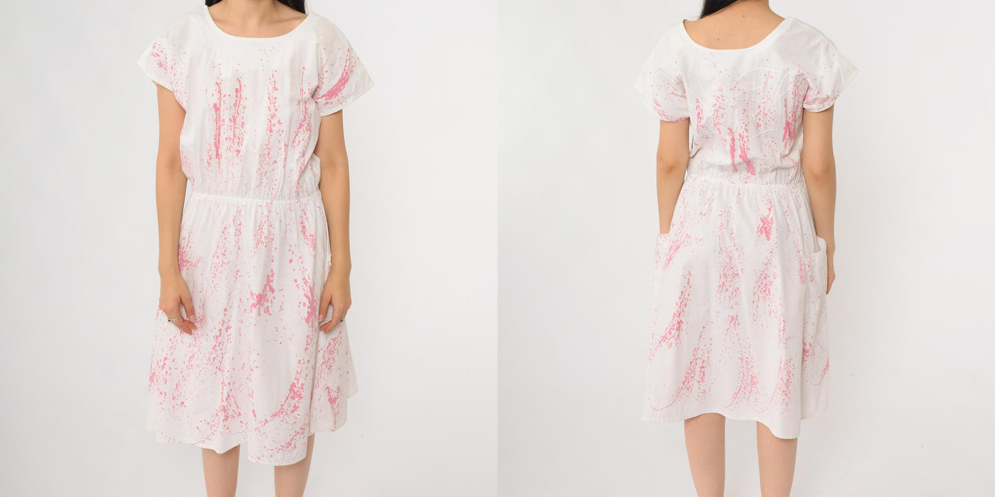 90s White Pink Splatter Print Midi Dress Cotton Short Sleeve Pockets Small