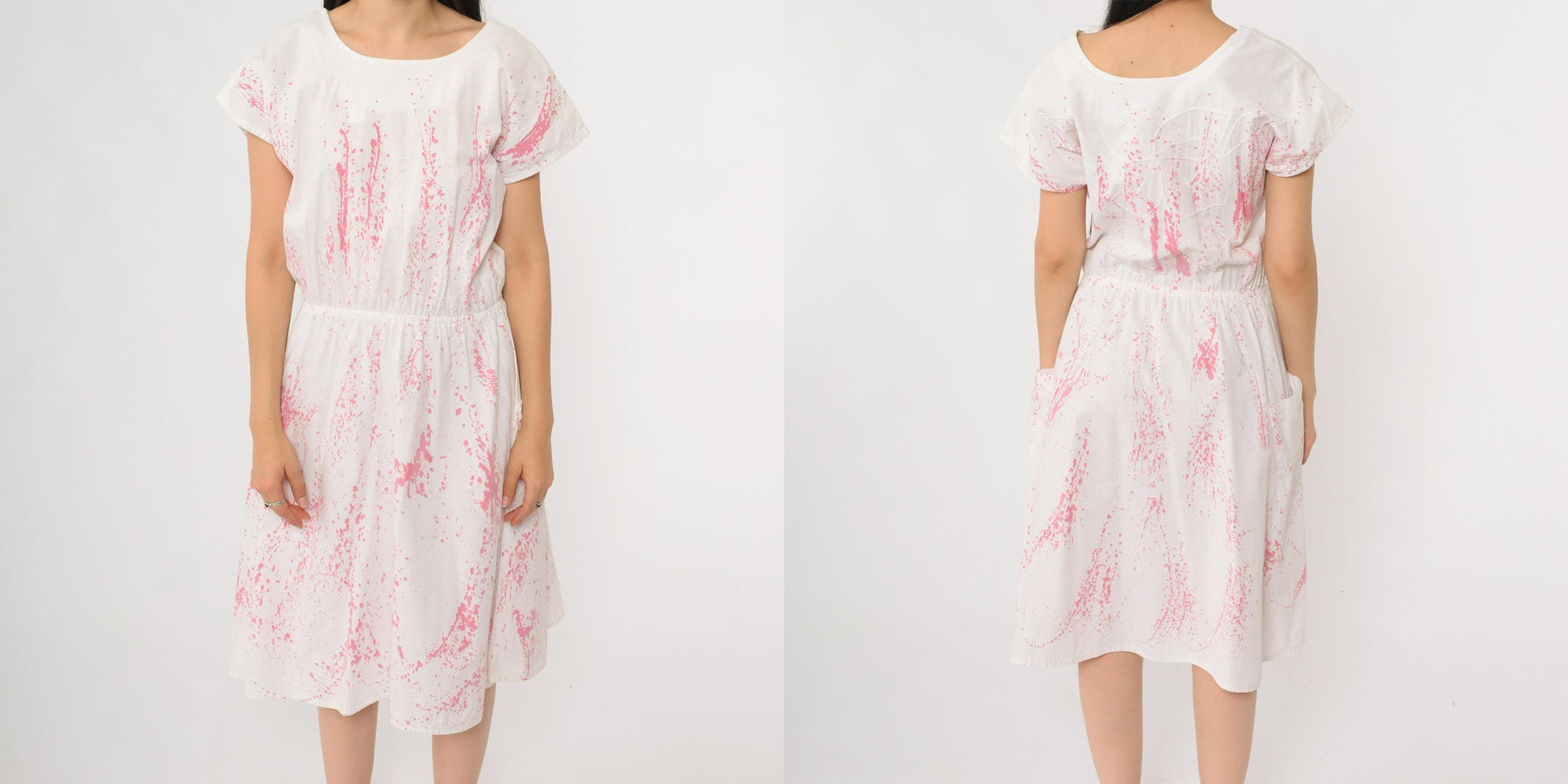 90s White Pink Splatter Print Midi Dress Cotton Short Sleeve Pockets Small