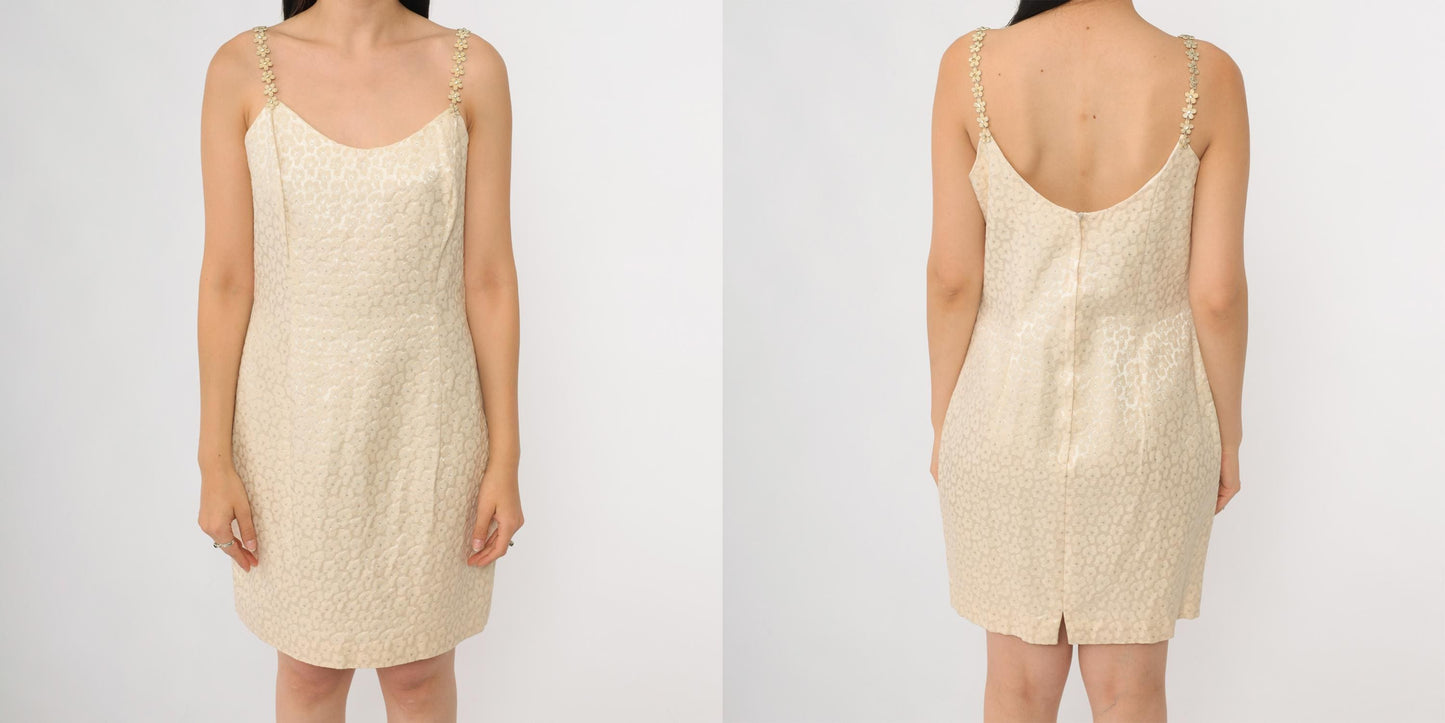 90s Jessica McClintock Gunne Sax Cream Gold Jacquard Mini Dress Beaded Straps Small S