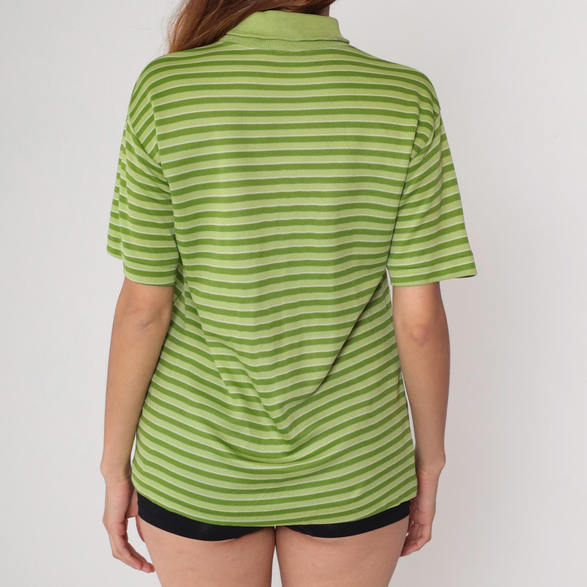 70s Striped Mock Neck Top Green Lime Short Sleeve Knit Pullover Medium Large