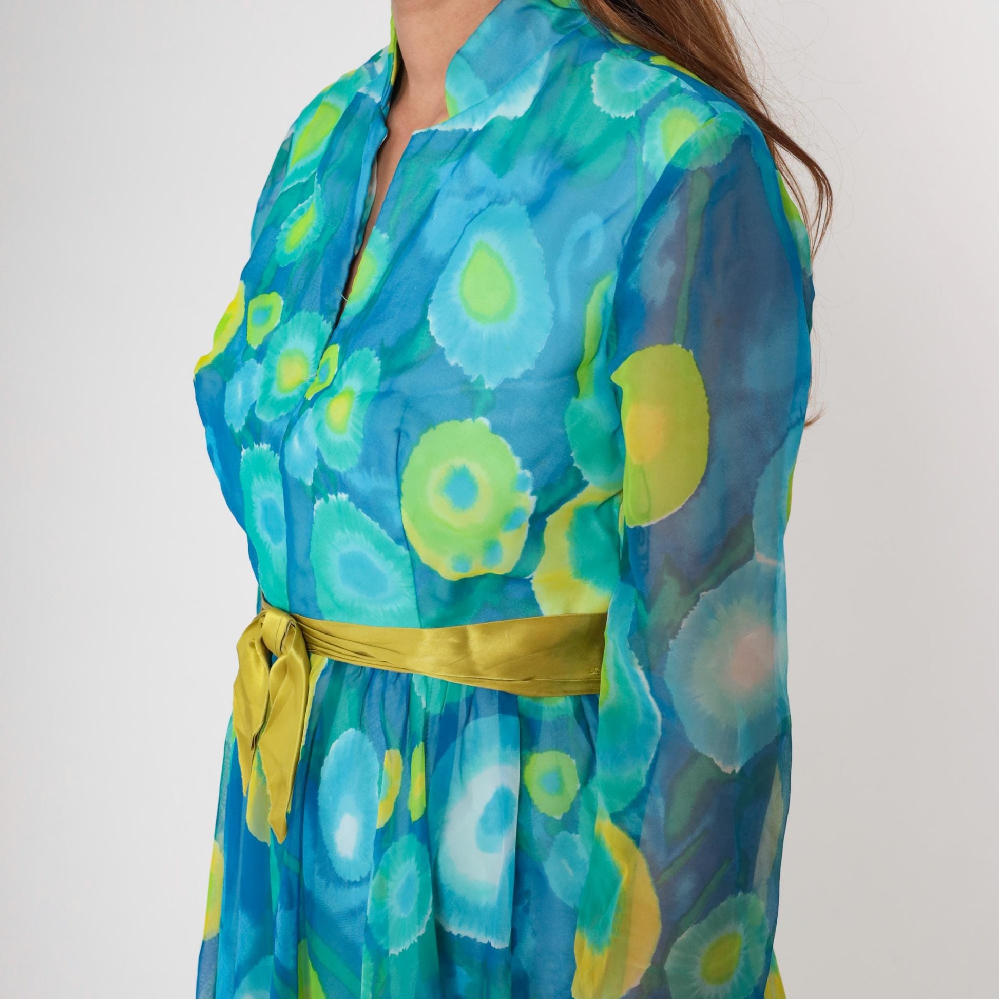 70s Maxi Dress Blue Green Psychedelic Print Sheer Collared Long Sleeve Medium