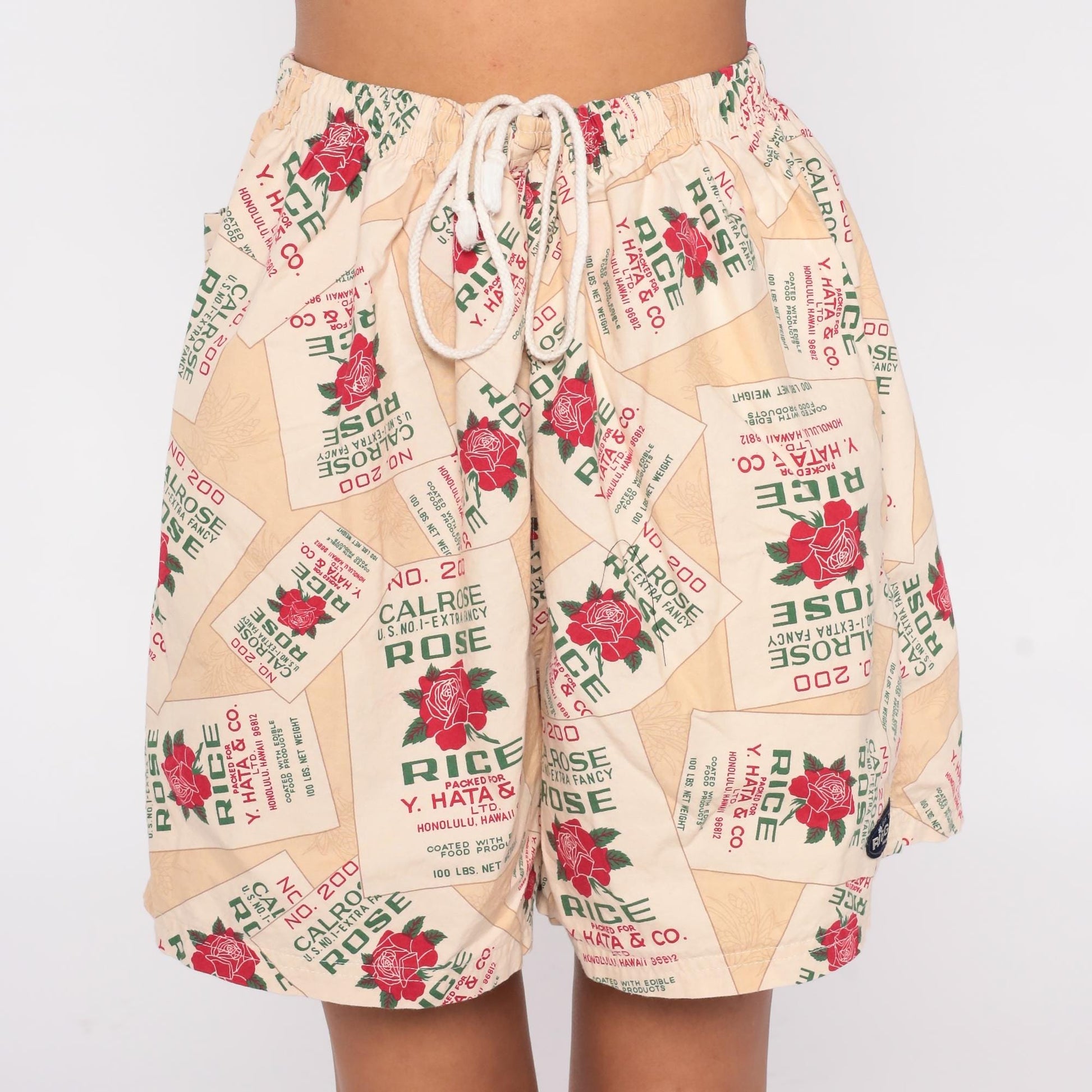 90s Calrose Rice Sack Shorts Y. Hata Honolulu Rose Print Drawstring Medium