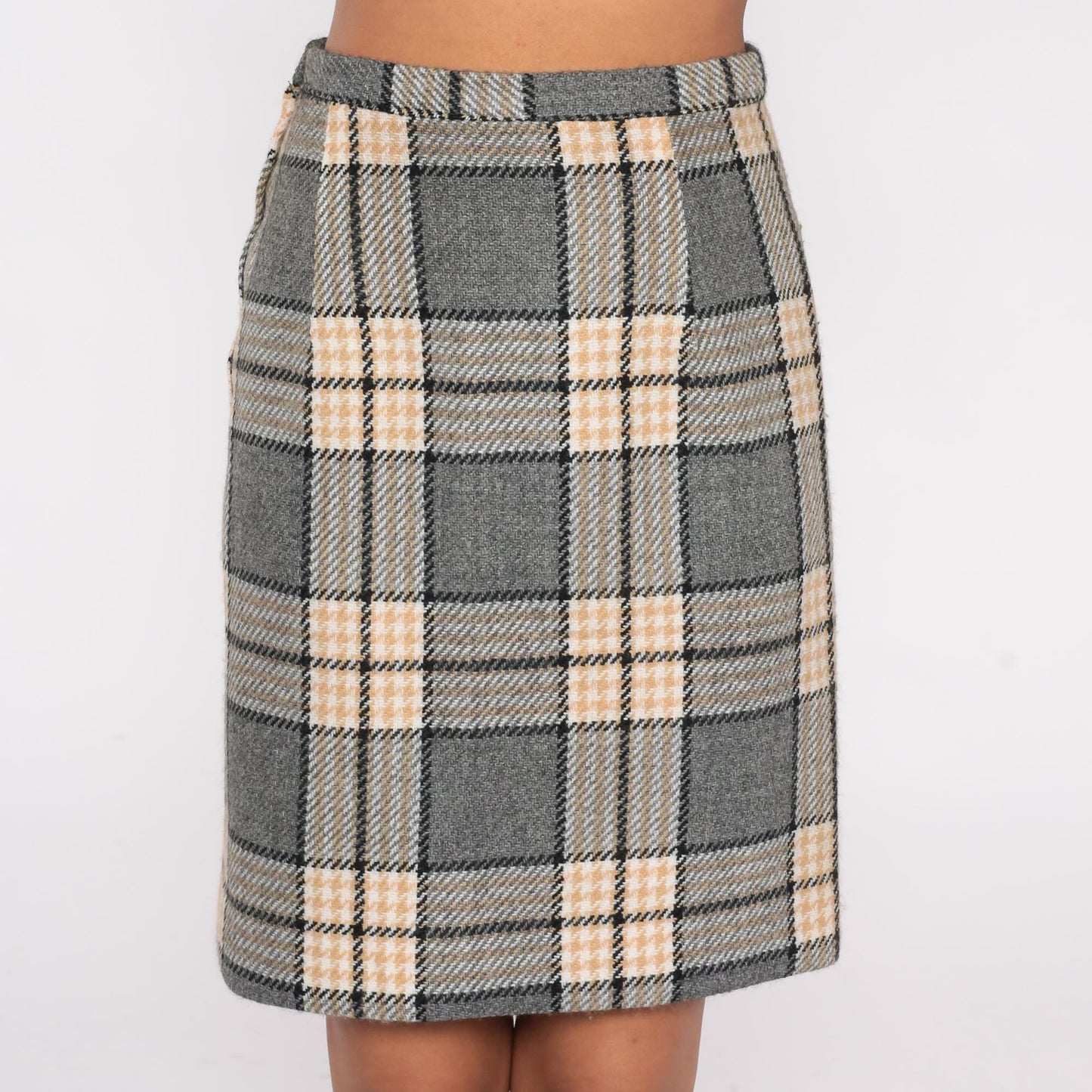 70s Plaid Wool Mini Skirt High Waist Pencil Tailored Grey Cream Black Extra Small XS