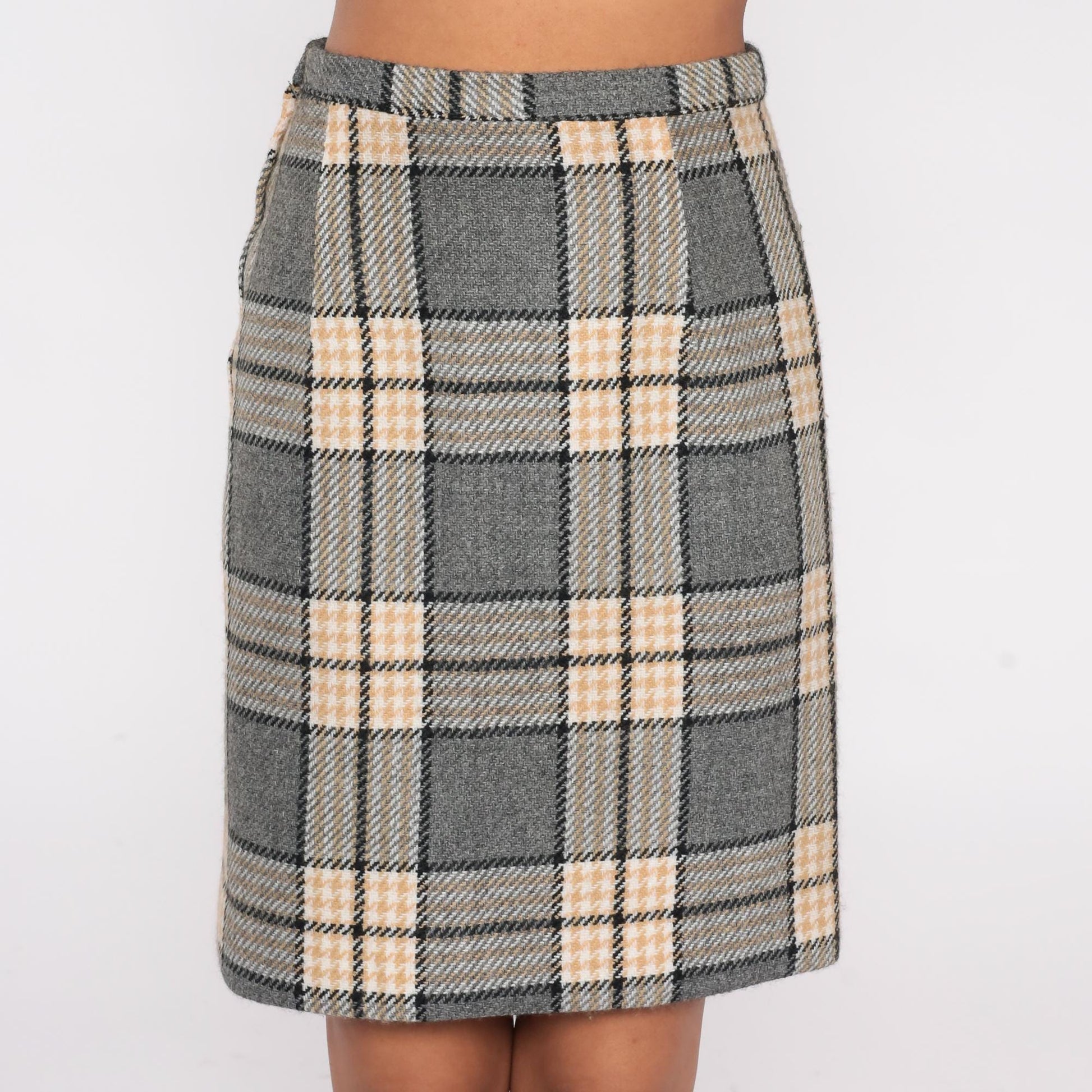 70s Plaid Wool Mini Skirt High Waist Pencil Tailored Grey Cream Black Extra Small XS