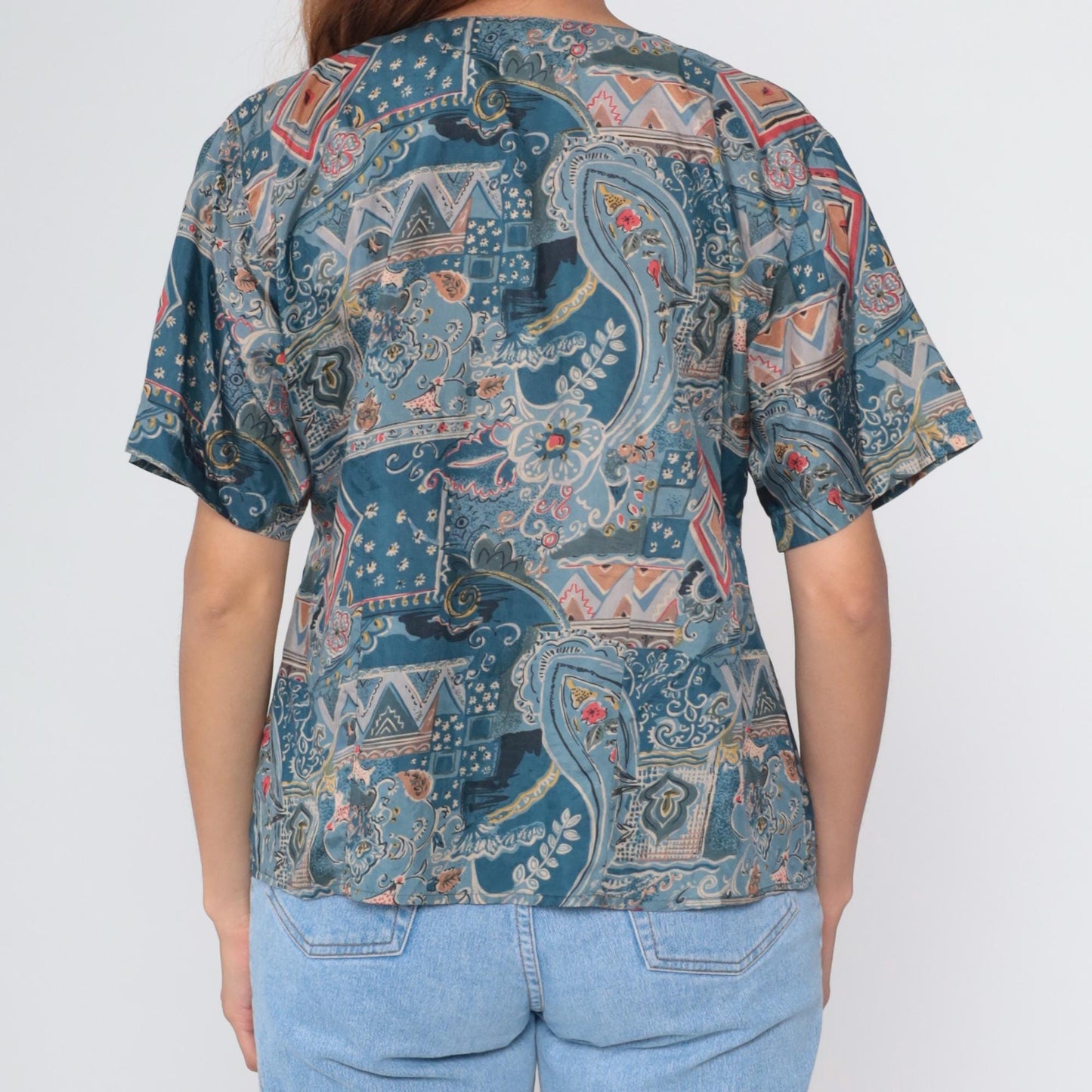 90s Stunt Petites Silk Blouse Blue Paisley Geometric Print V-Neck Short Sleeve Large