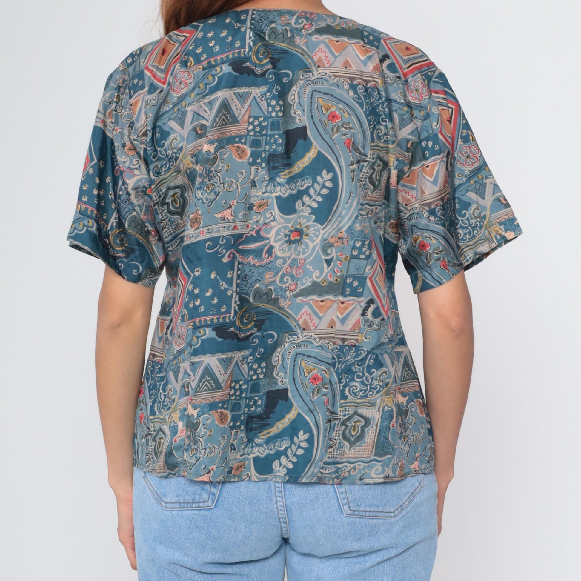 90s Stunt Petites Silk Blouse Blue Paisley Geometric Print V-Neck Short Sleeve Large