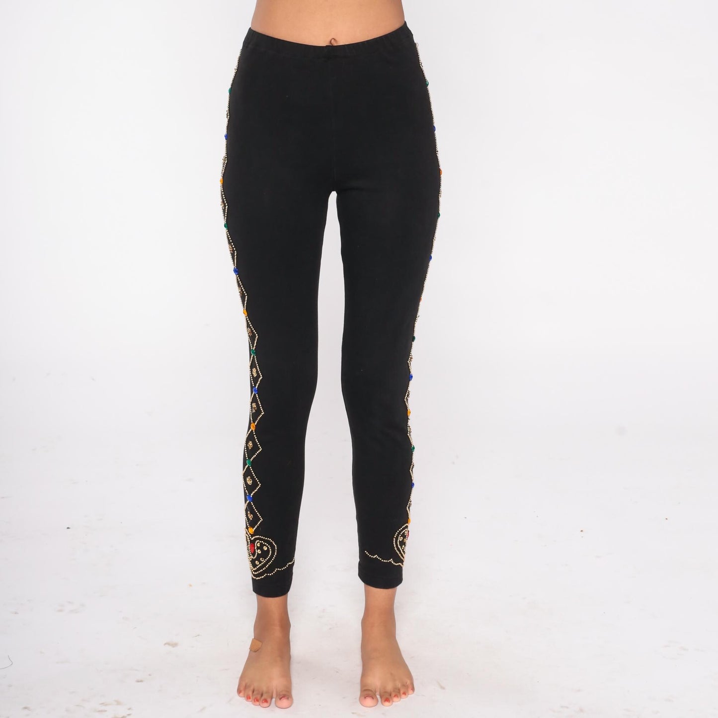 90s Contempo Casuals Black Beaded Leggings Gold Gemstone High Waist Medium M