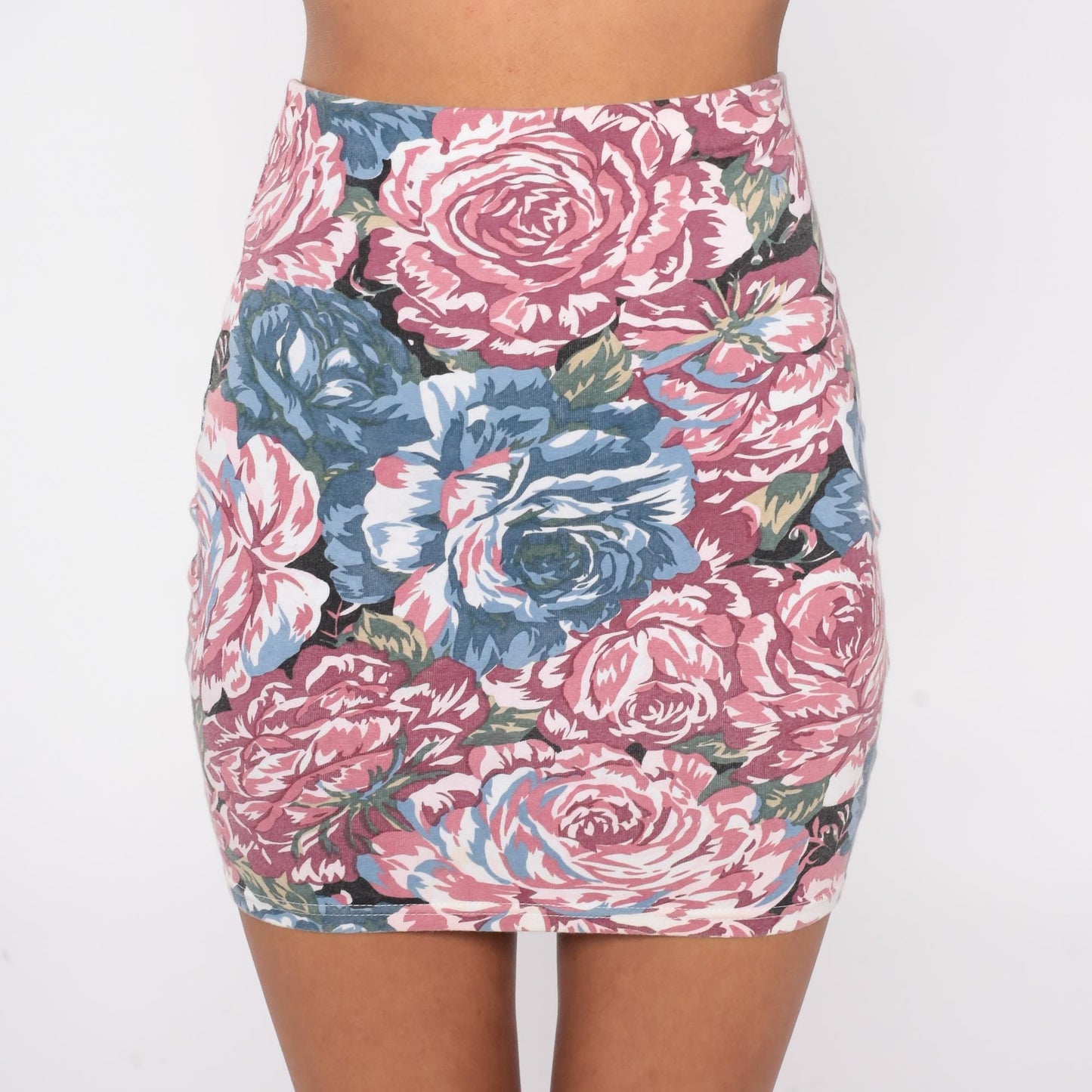 90s Express Floral Mini Skirt Rose Print Pink Blue High Waist Small S