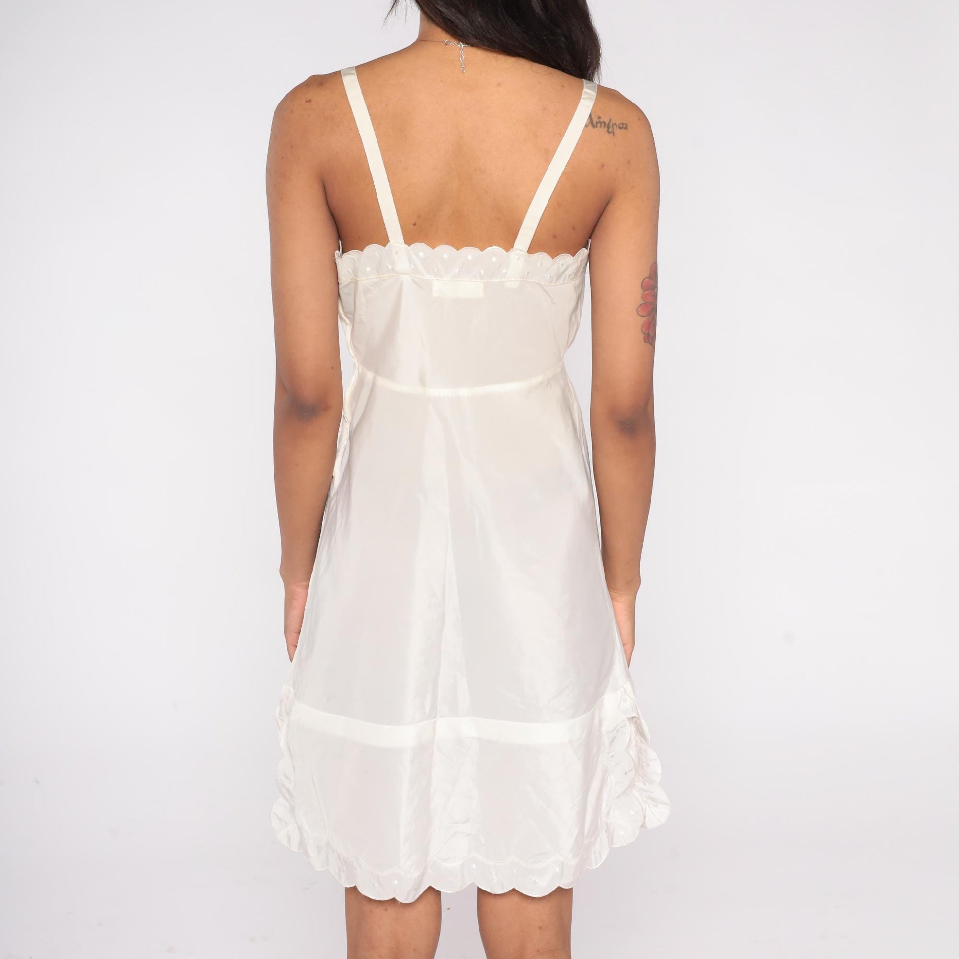 60s Barbizon White Slip Dress Dotted Swiss Scalloped Hem Small S