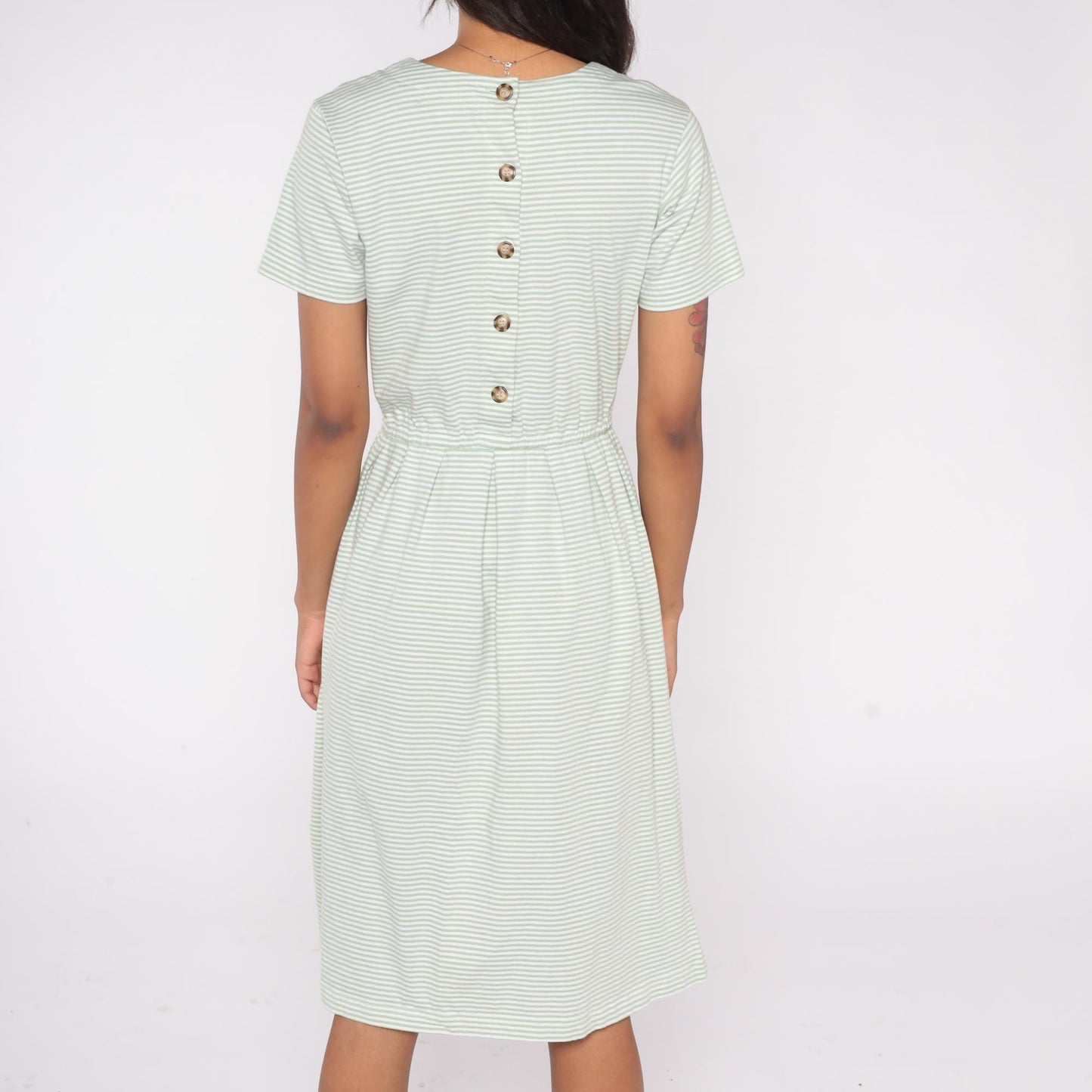 80s Herman Geist Mint Striped Cotton Dress Elastic Waist Button Back Small