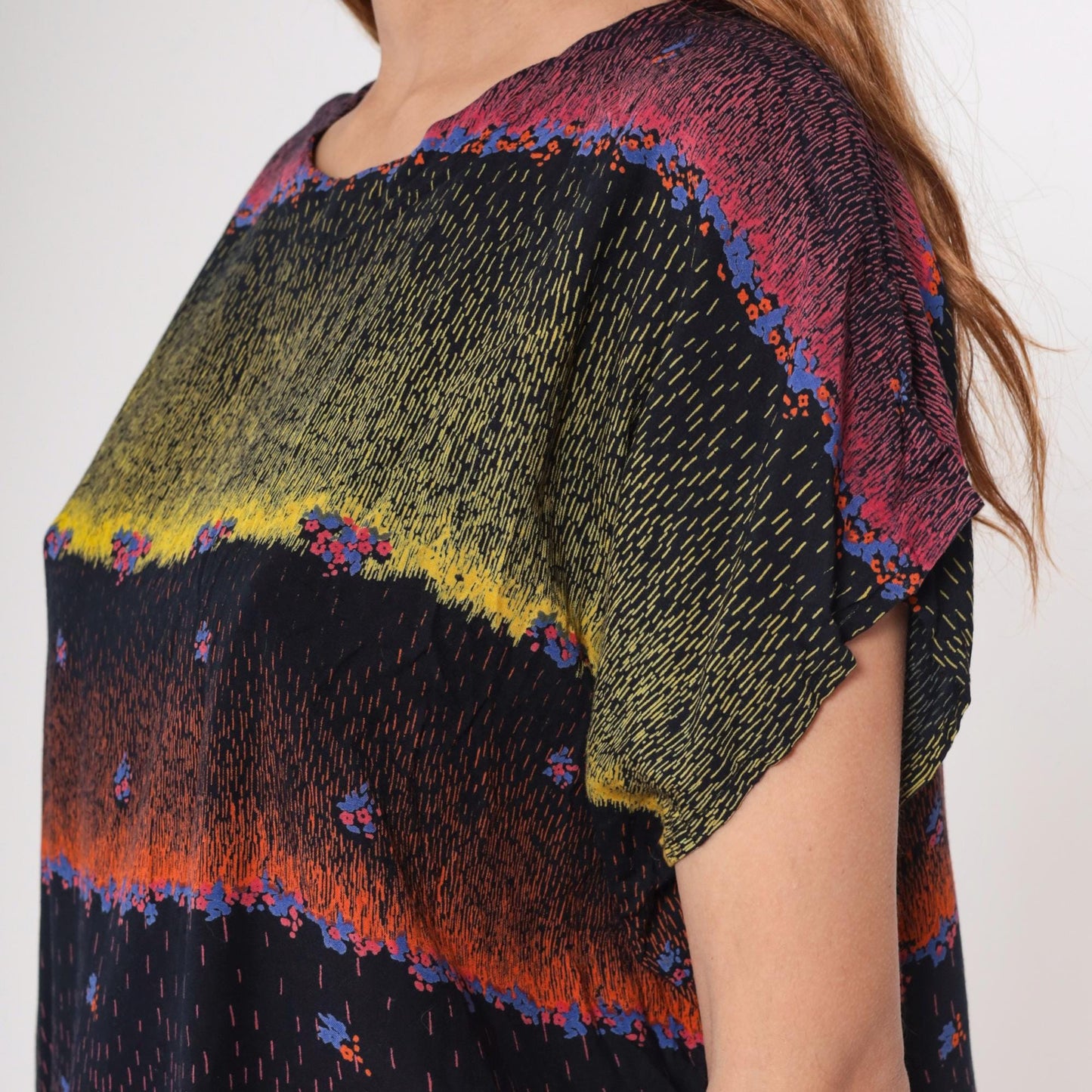 90s Abstract Multicolor Rayon Blouse Short Dolman Sleeves Small Medium