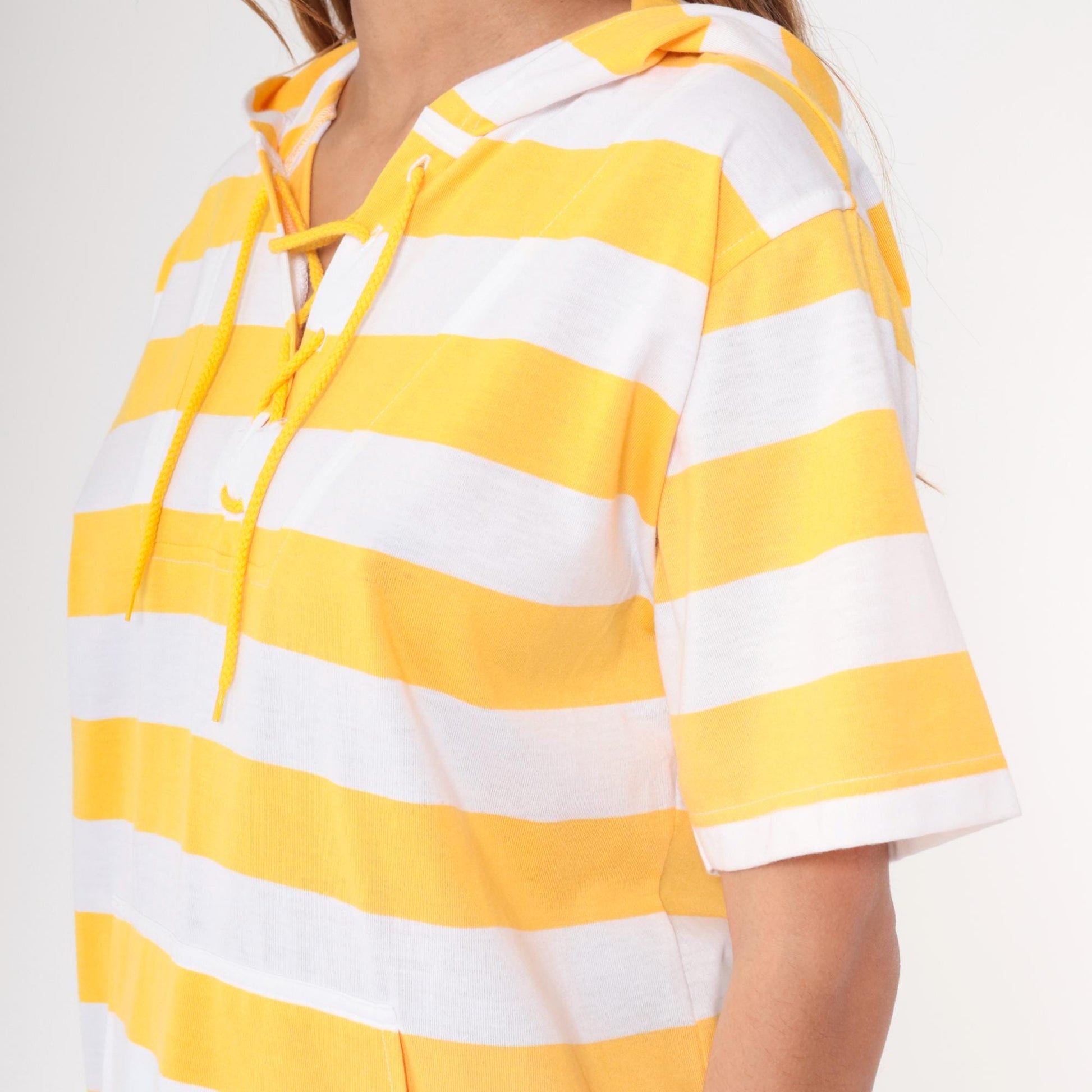 90s Yellow White Striped Short Sleeve Hooded Shirt Lace-Up V-Neck Small
