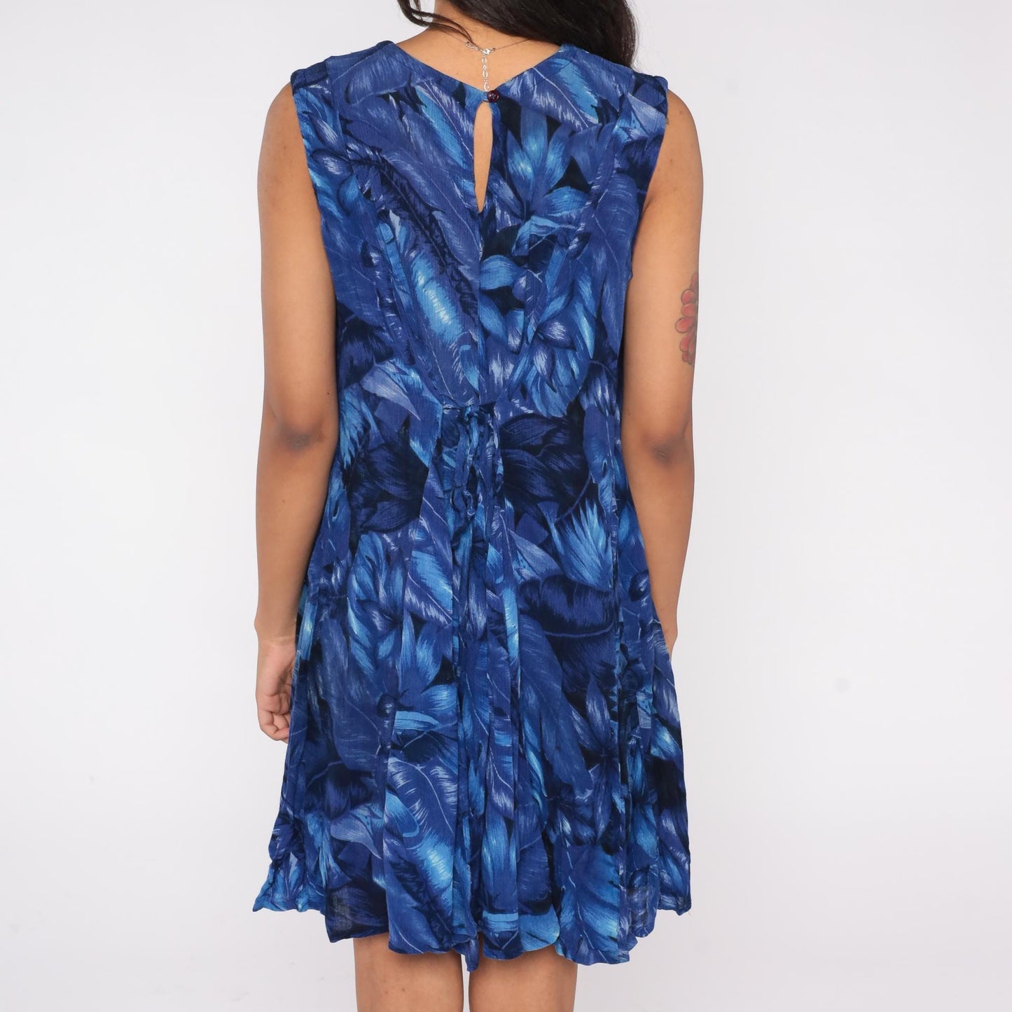 90s American Angel Blue Floral Rayon Mini Dress Keyhole Back Small S