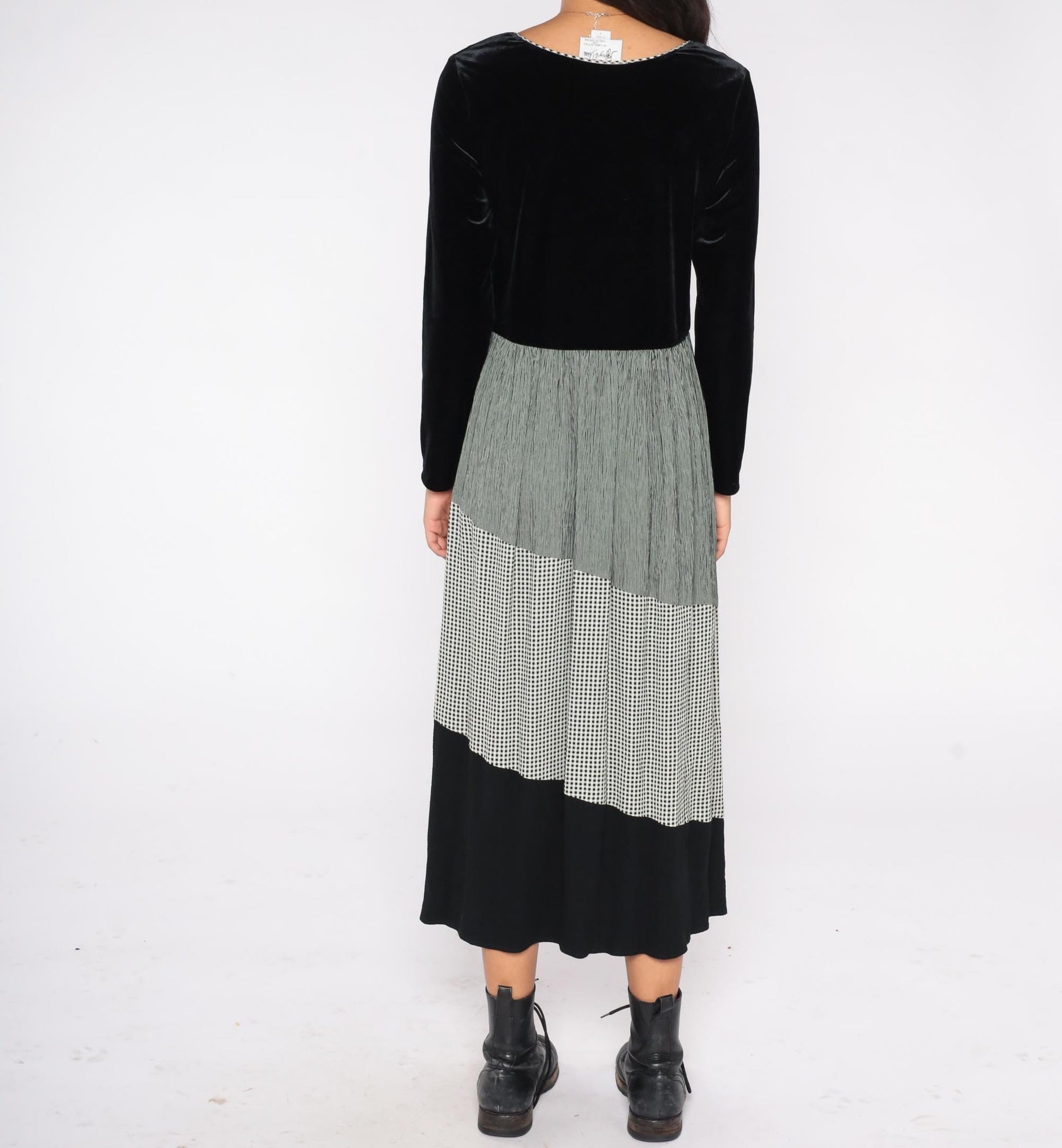 90s Jeffrey & Dara Velvet Gingham Midi Dress Black Green Pleated Long Sleeve Medium