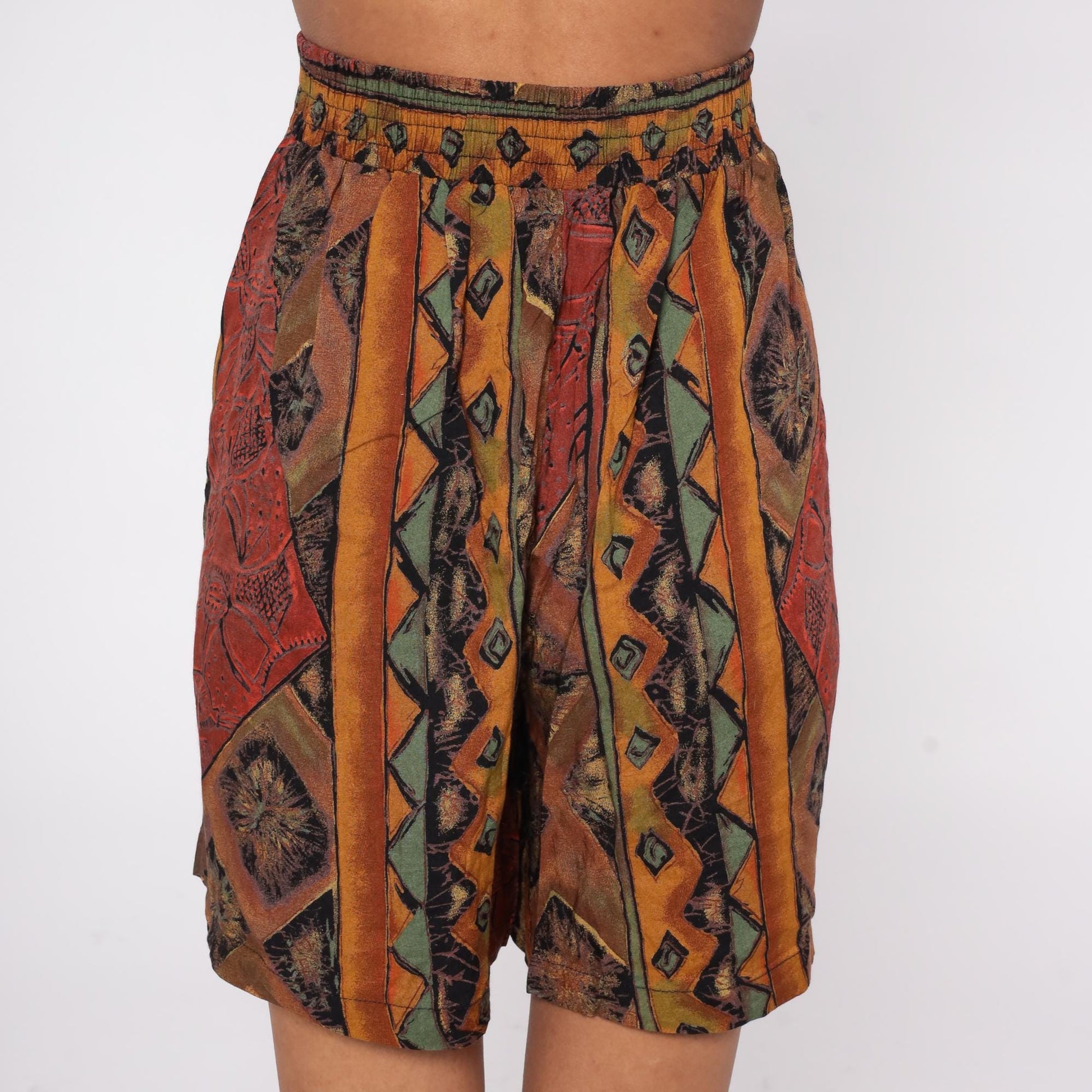 90s Caliche Abstract Geometric Shorts High Waist Brown Orange Green Medium Large