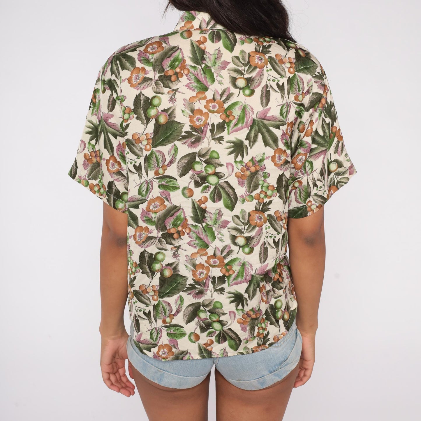 70s Botanical Print Button Down Shirt Cream Green Orange Brown Floral Large L