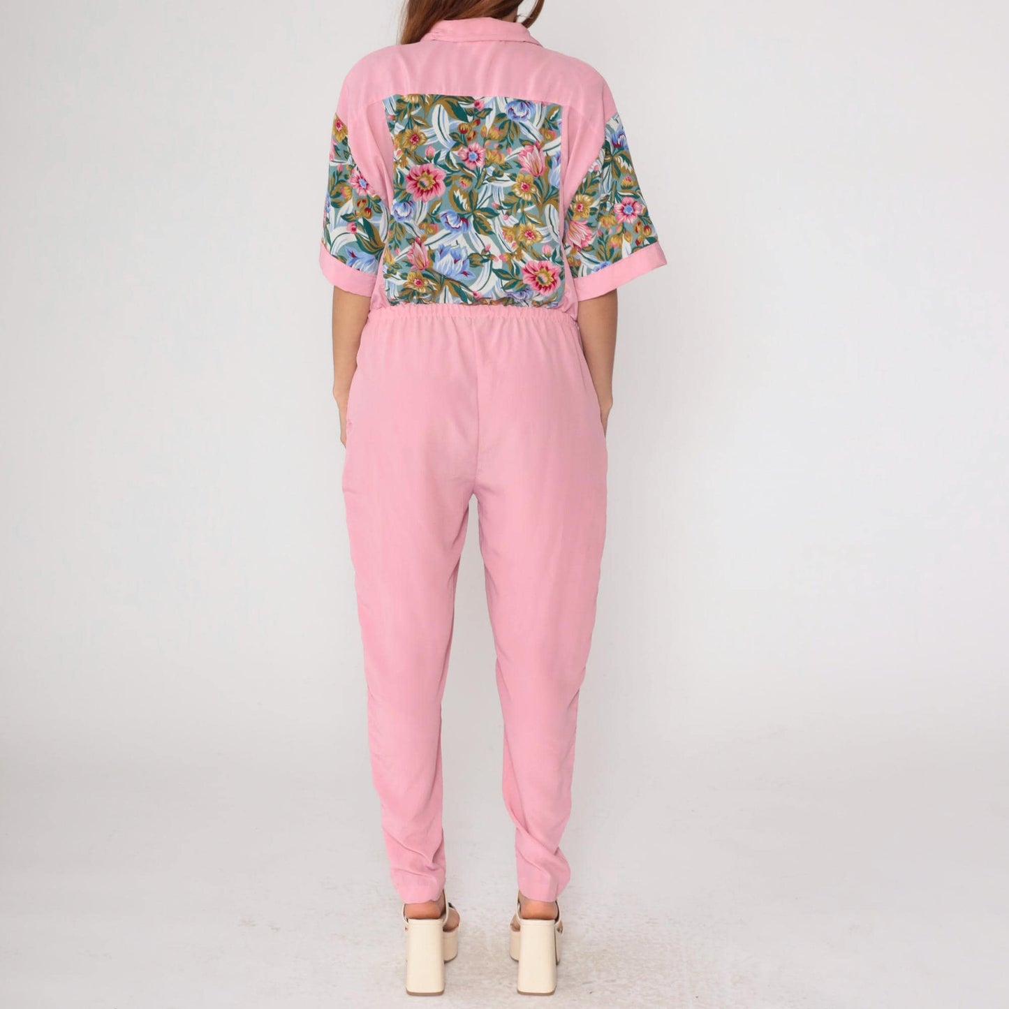 90s Pink Floral Jumpsuit Adolfo II Button Up Collared Tapered Medium