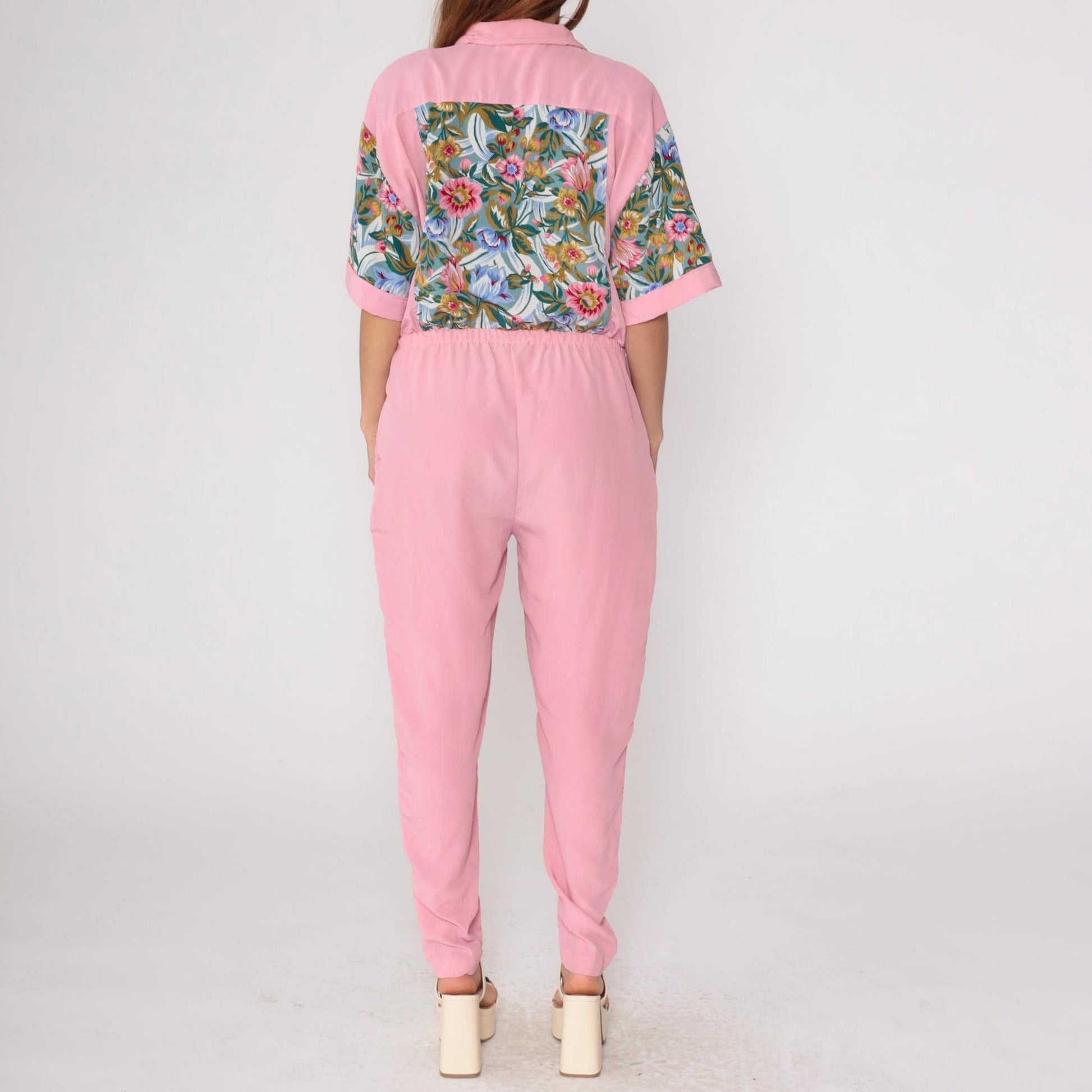 90s Pink Floral Jumpsuit Adolfo II Button Up Collared Tapered Medium