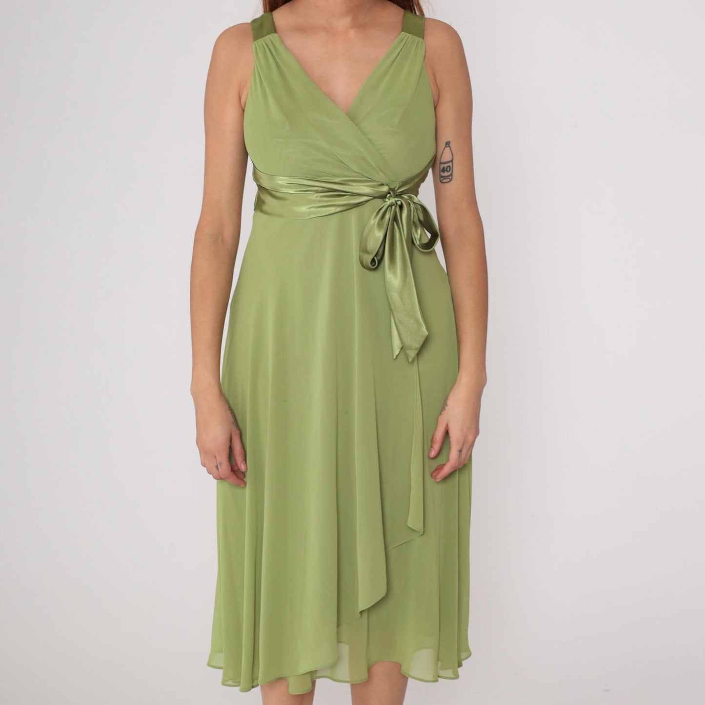 Y2K Green Satin Wrap Midi Dress V-Neck Chiffon Overlay Jones Studio Small