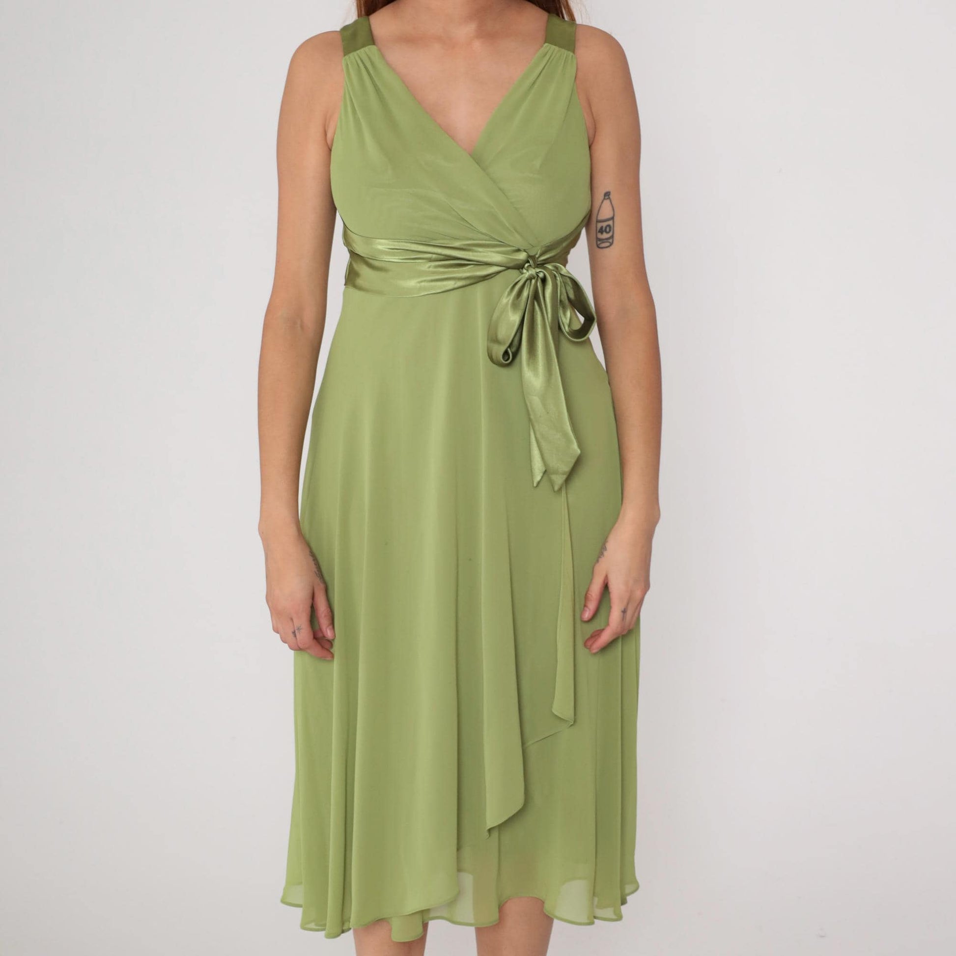Y2K Green Satin Wrap Midi Dress V-Neck Chiffon Overlay Jones Studio Small