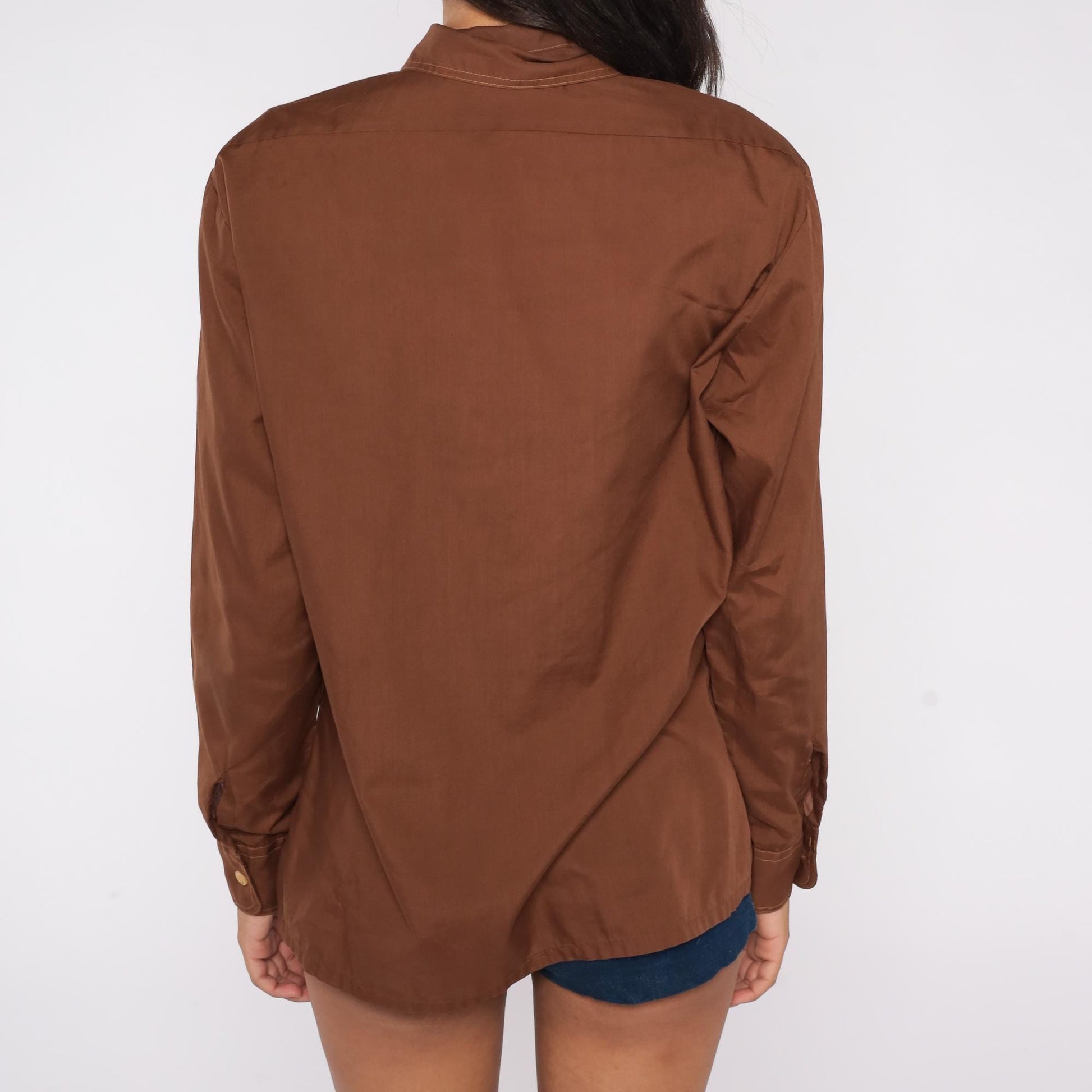 70s JCPenney Chocolate Brown Button-Up Shirt Contrast Stitch Pointed Collar Medium