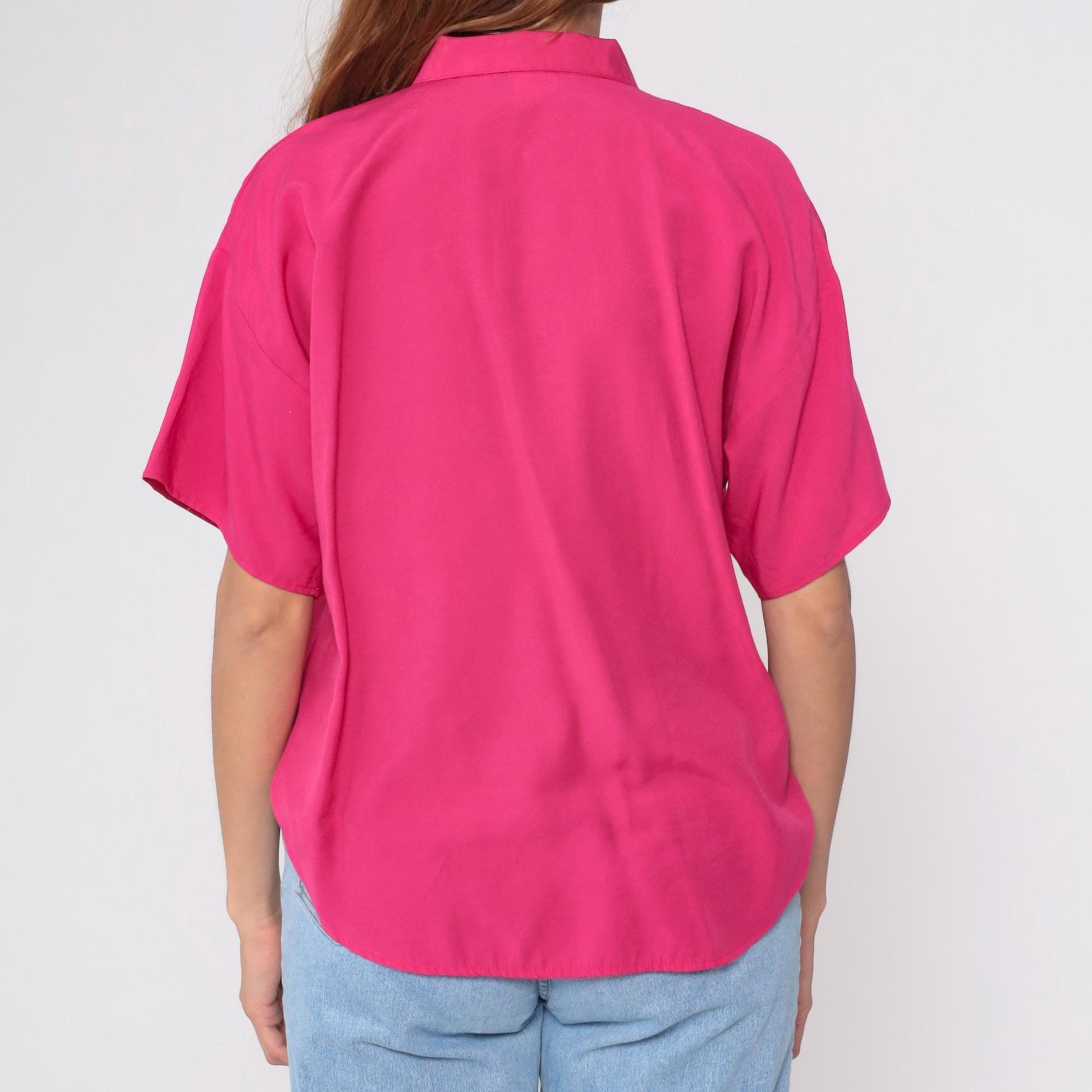 90s La Fever Hot Pink Button Up Blouse Silver Buttons Short Sleeve Medium M