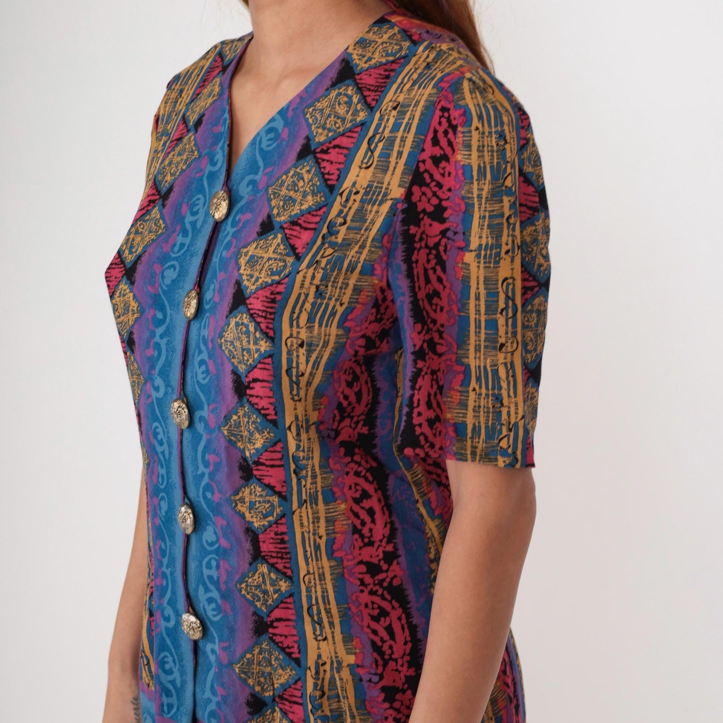 90s Tribal Geometric Mini Dress Blue Pink Gold Button Front Short Sleeve Medium
