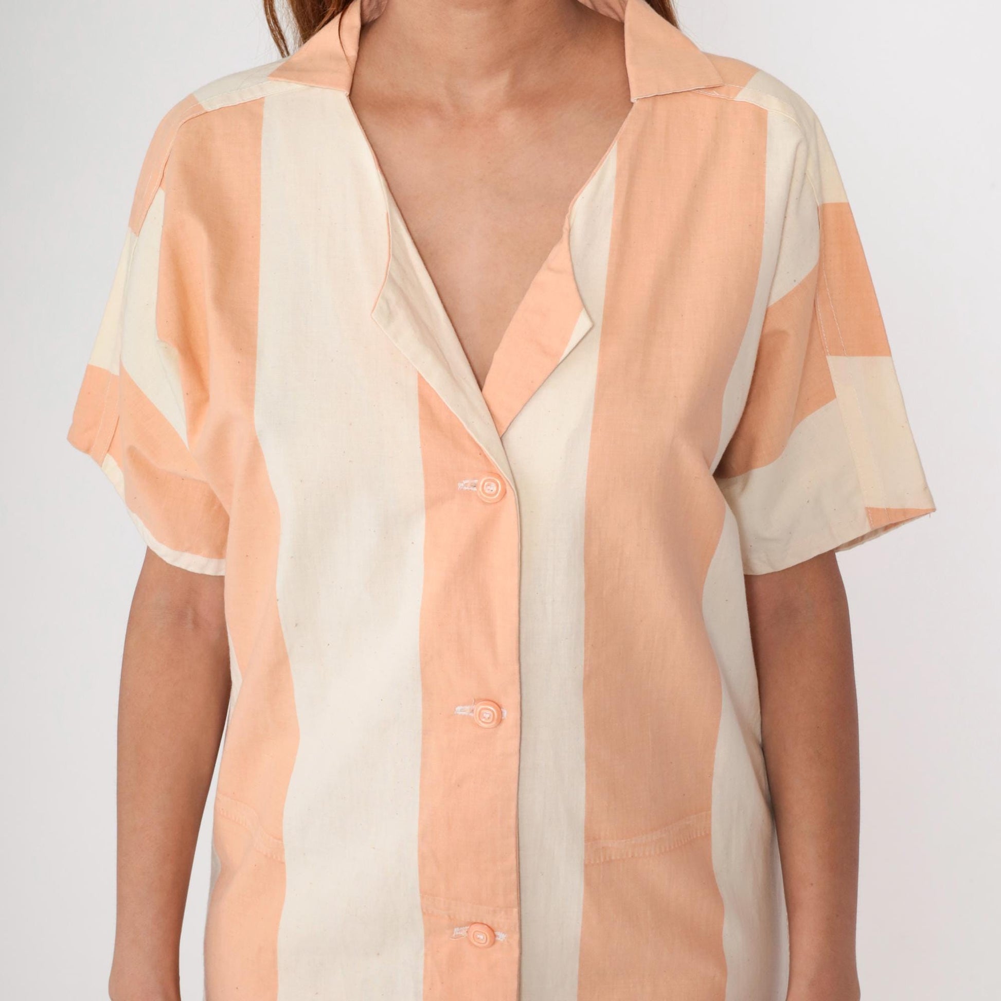 80s Peach Cream Striped Shirt Dress Button Front Collar Cotton Medium