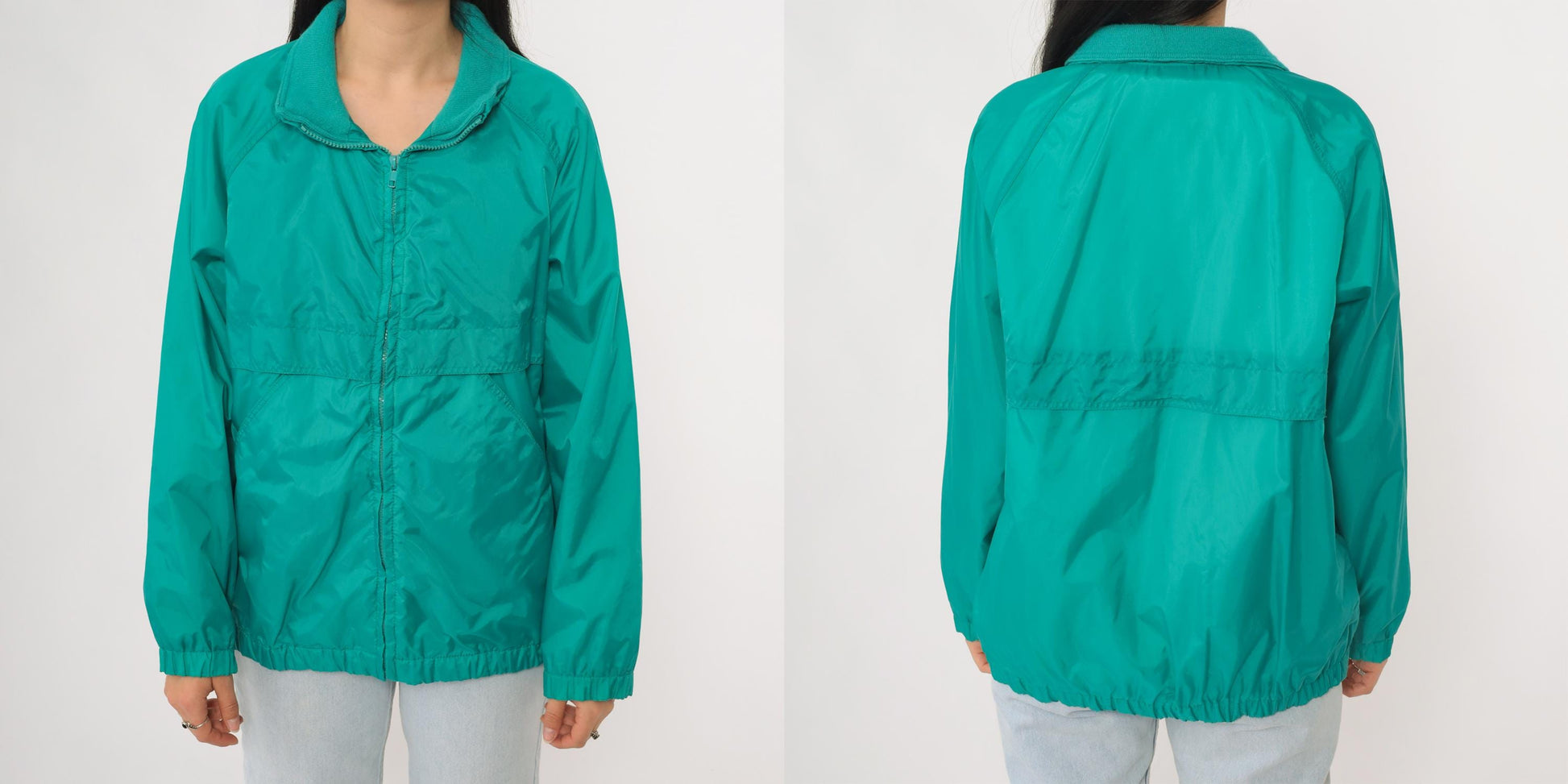 80s Teal Nylon Windbreaker Jacket Raglan Zip Lightweight Medium M