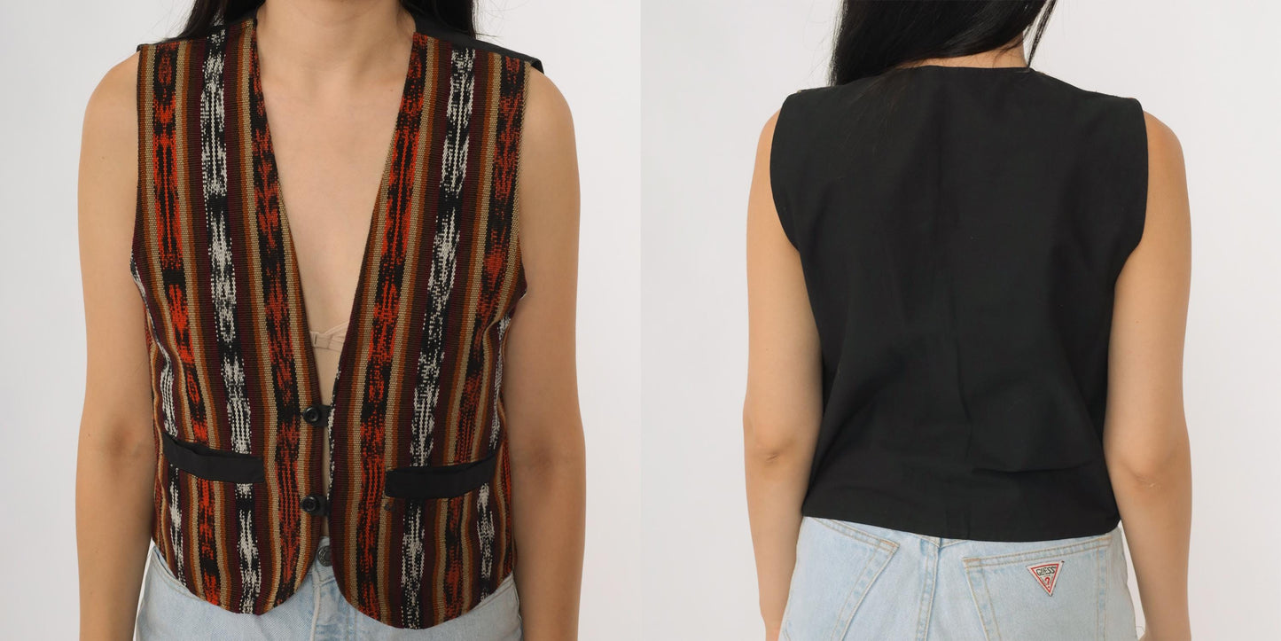 90s Southwestern Cotton Vest Striped Geometric Button Front Small S