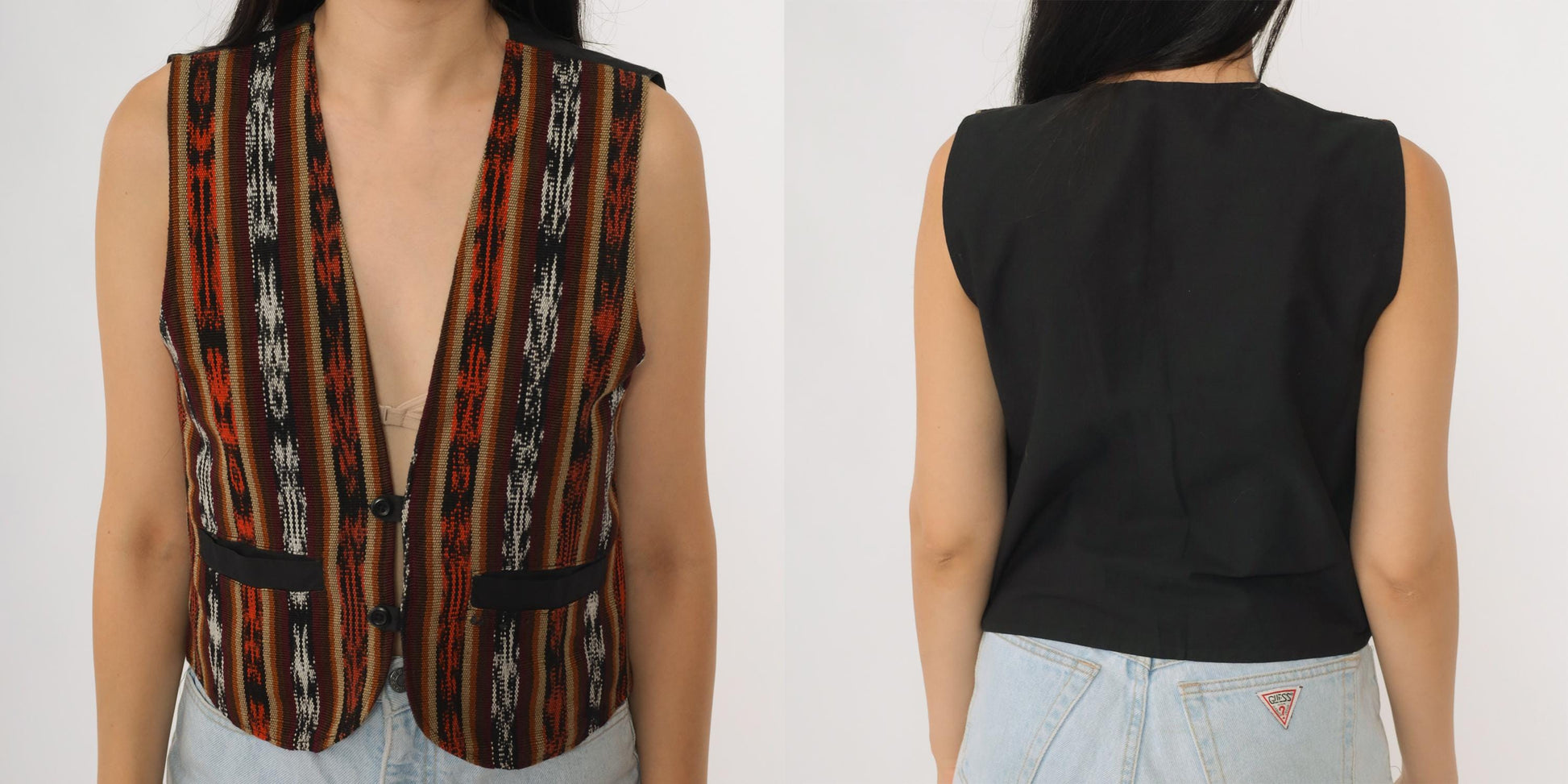 90s Southwestern Cotton Vest Striped Geometric Button Front Small S