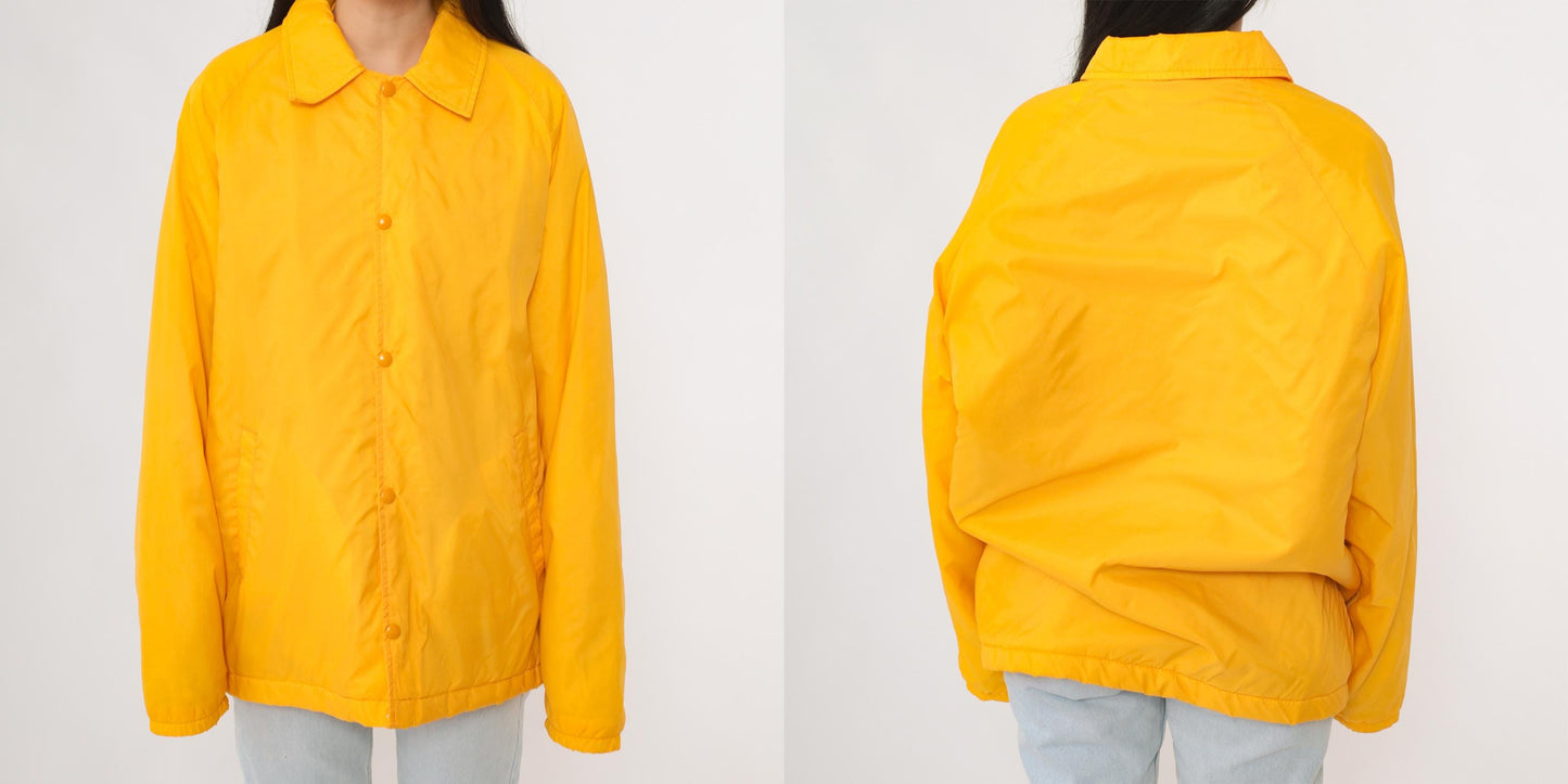 80s David Peyser Yellow Nylon Windbreaker Faux Fur Lined Coach Jacket Large